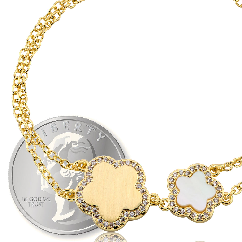LMTS Classic!  Cz Framed Large Flower & Small Flower Double Strand Chain Bracelet