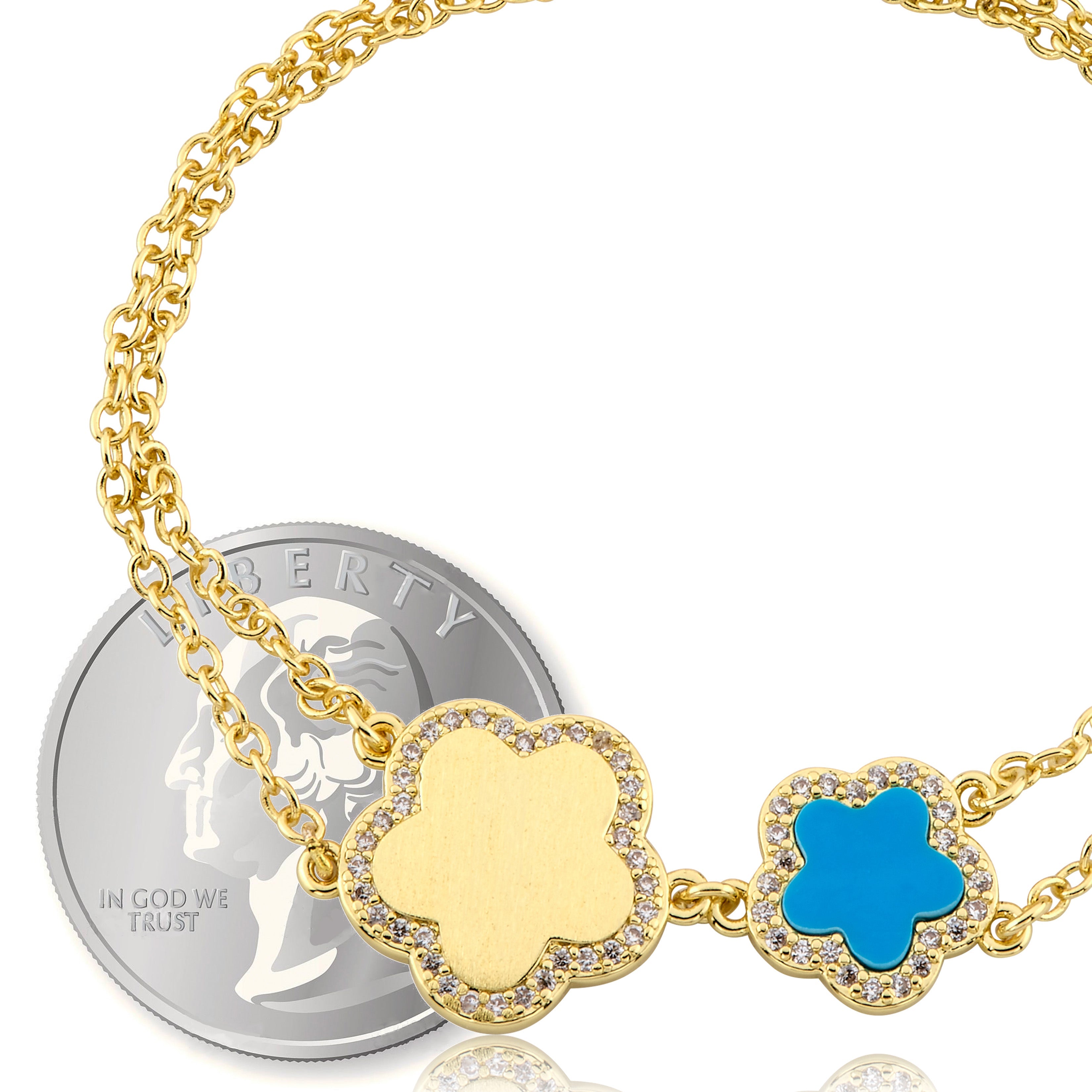 LMTS Classic!  Cz Framed Large Flower & Small Flower Double Strand Chain Bracelet