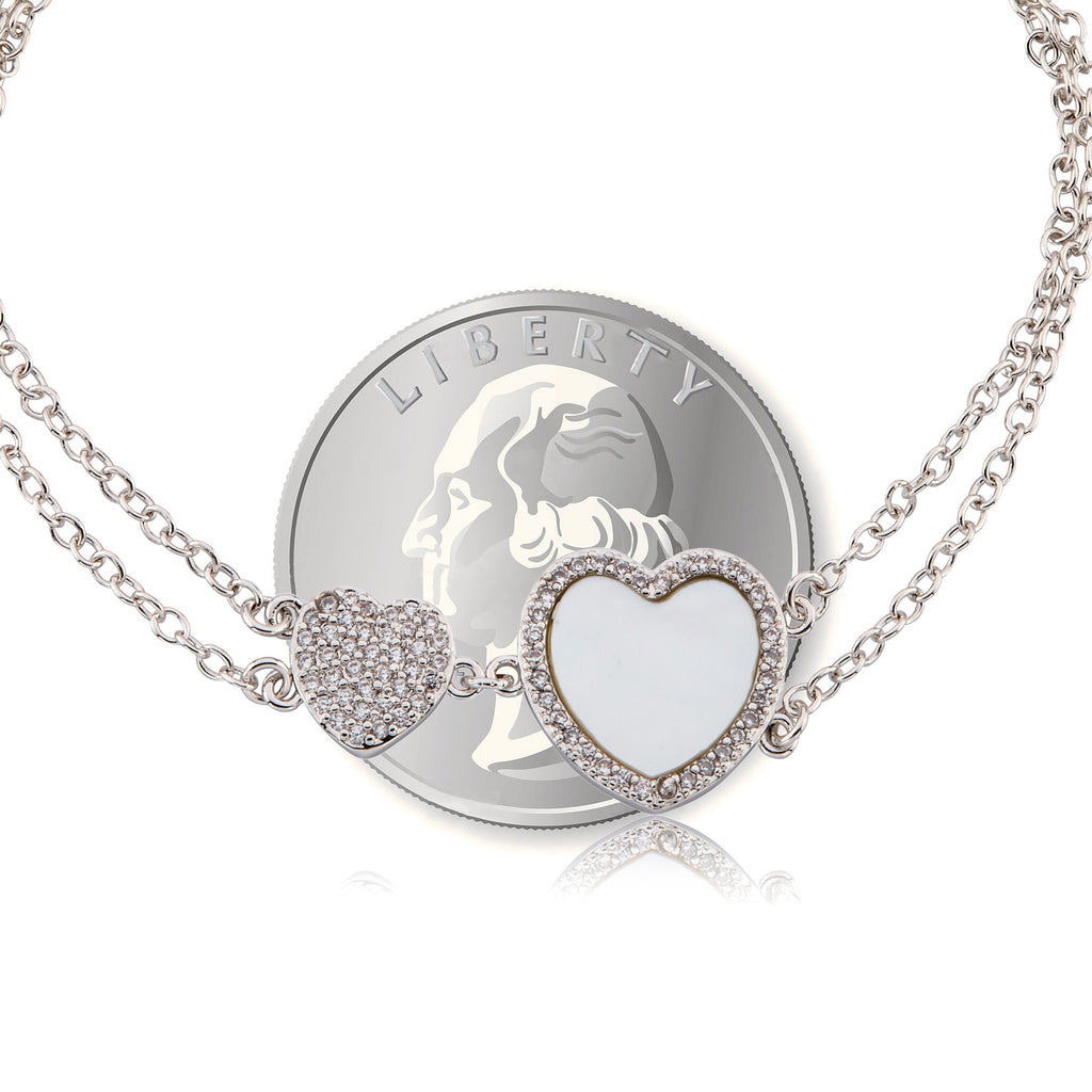 LMTS Classic! Cz Filled Flower & Mother of Pearl Heart Double Strand Chain Bracelet
