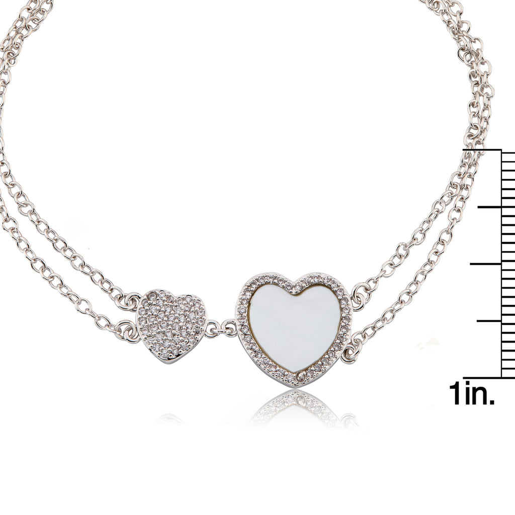 LMTS Classic! Cz Filled Flower & Mother of Pearl Heart Double Strand Chain Bracelet