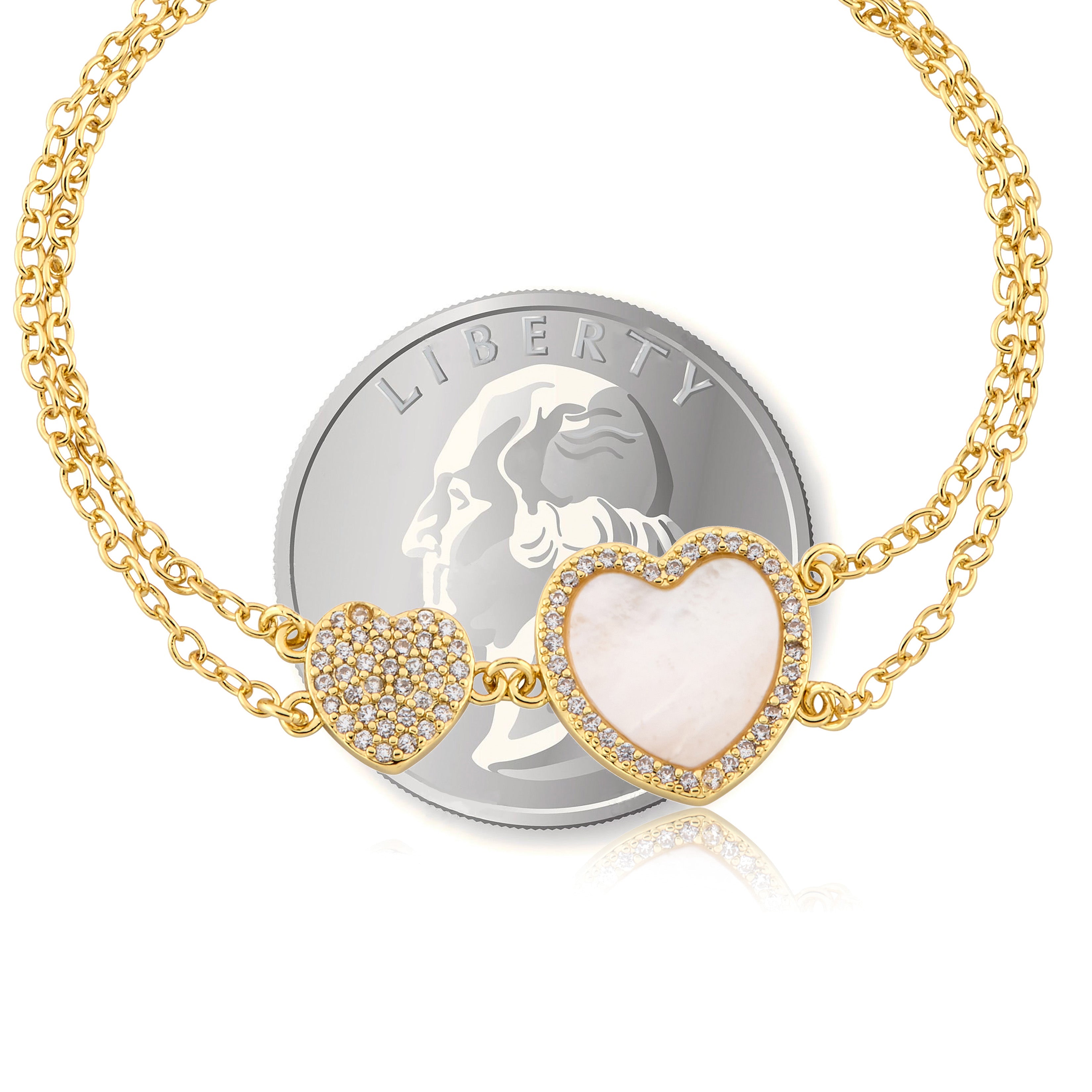 LMTS Classic! Cz Filled Flower & Mother of Pearl Heart Double Strand Chain Bracelet
