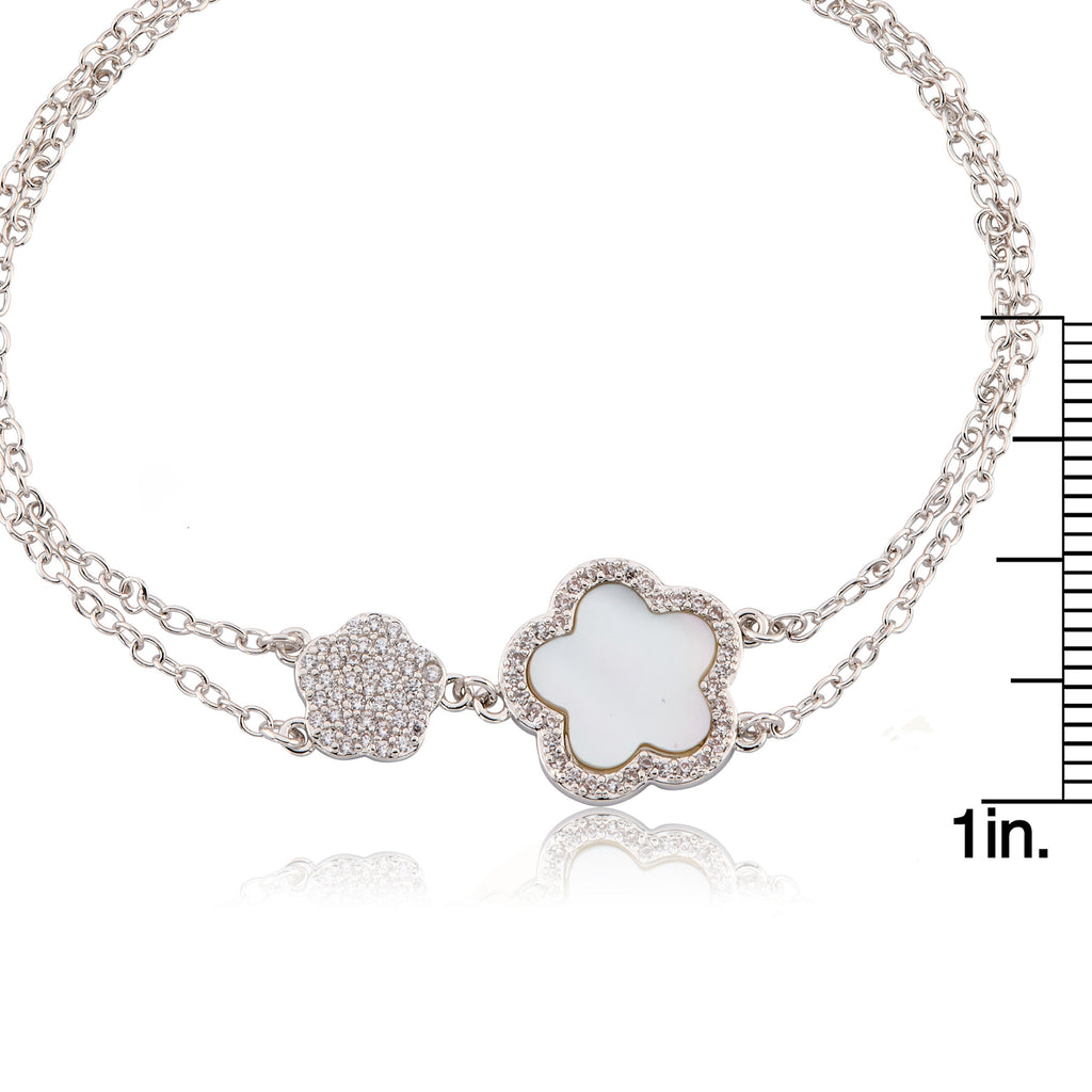LMTS Classic! Cz Filled Flower & Mother of Pearl Flower Double Strand Chain Bracelet