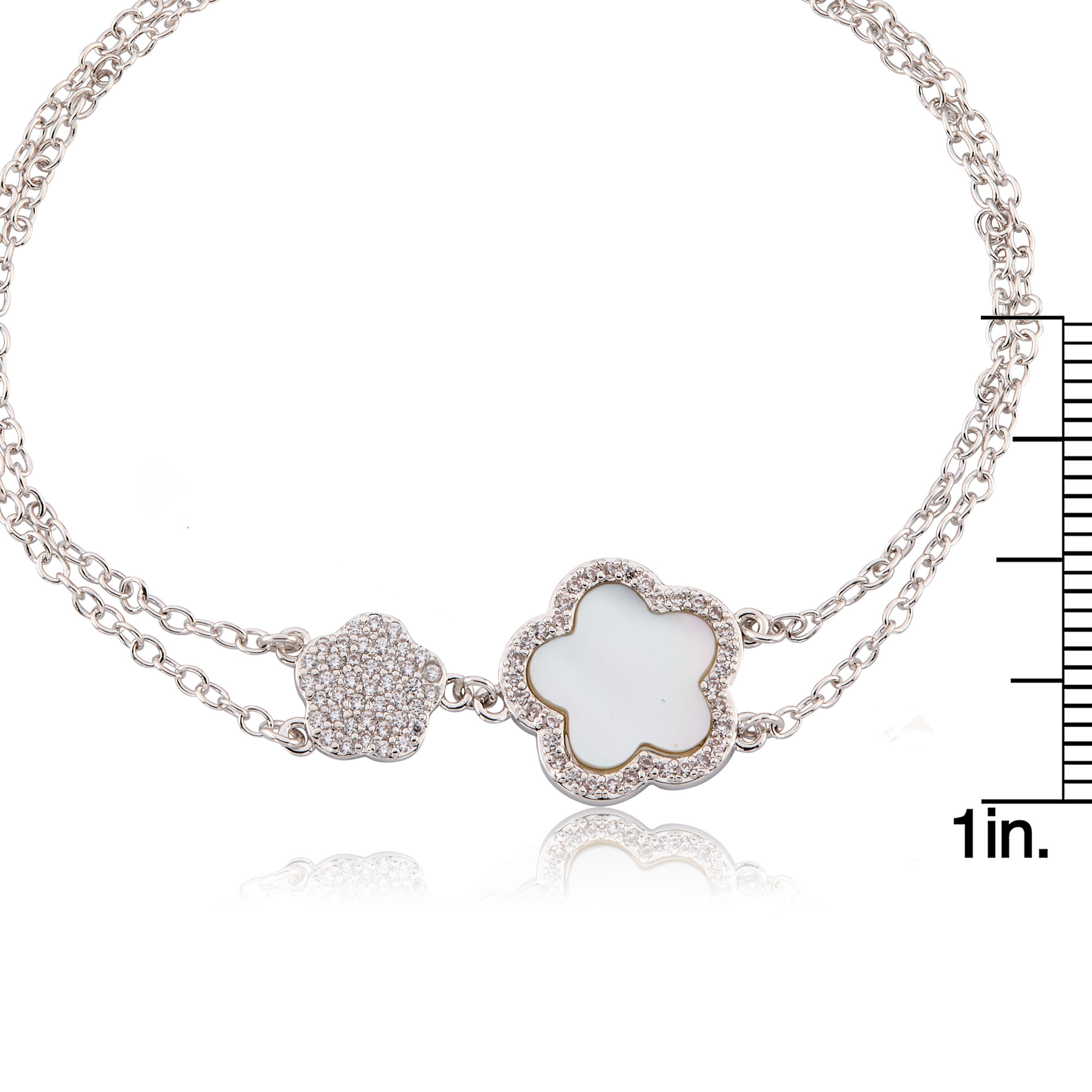 LMTS Classic! Cz Filled Flower & Mother of Pearl Flower Double Strand Chain Bracelet