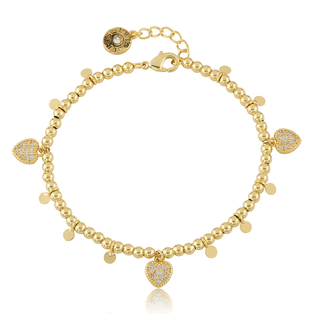 LMTS Classic! Bead & Disc Dangles Cz Hearts Bracelet