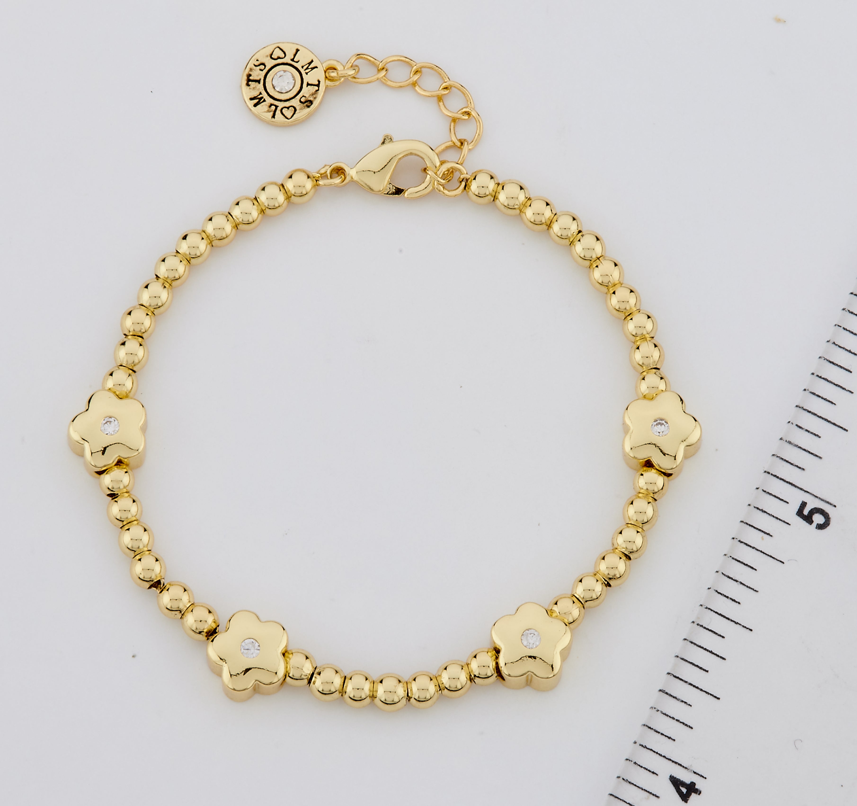 LMTS Classic! 14K Gold Plated Bead & Cz Center Flowers Bracelet