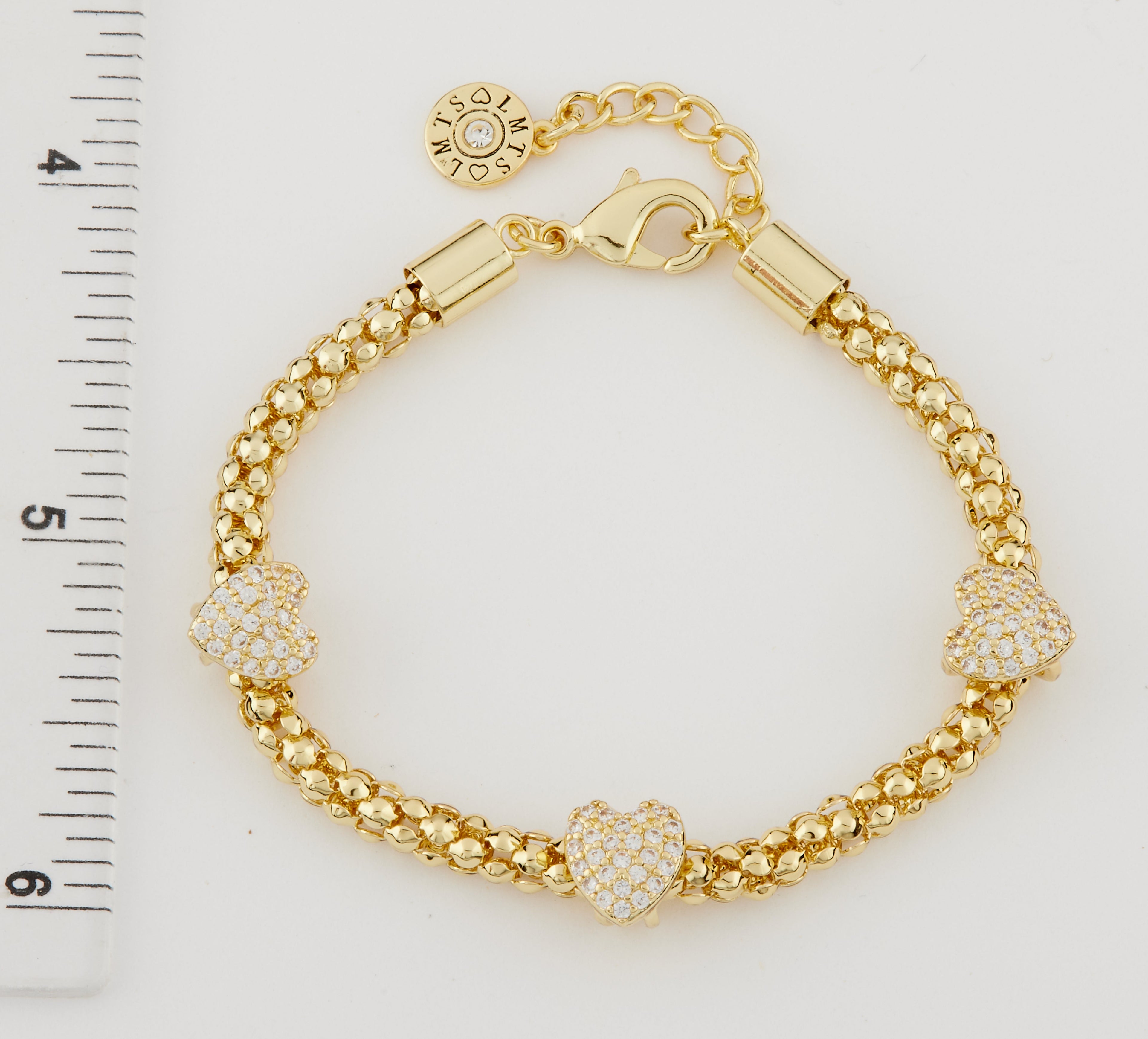 14K Gold Plated Mesh Rope 3 Cz Slide Hearts Bracelet