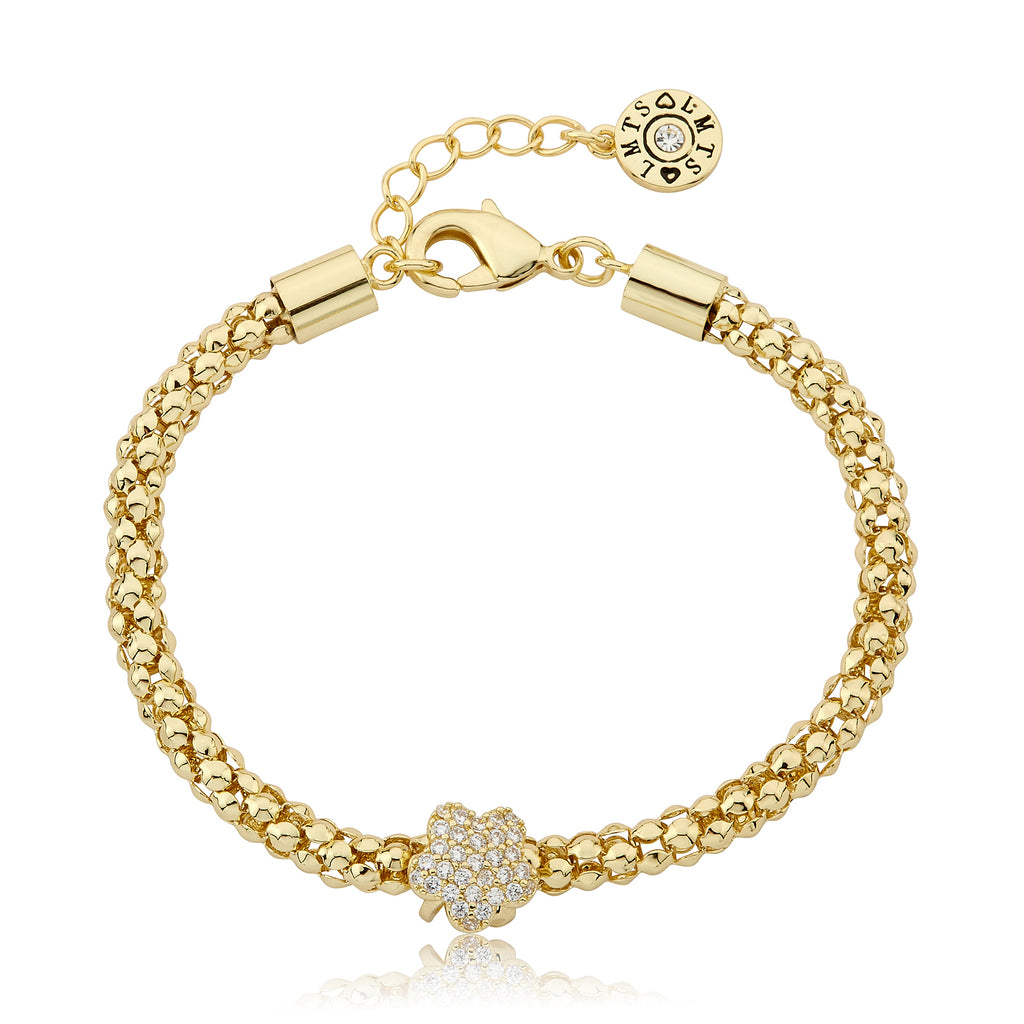 14K Gold Plated Mesh Rope Cz Slide Flower Bracelet