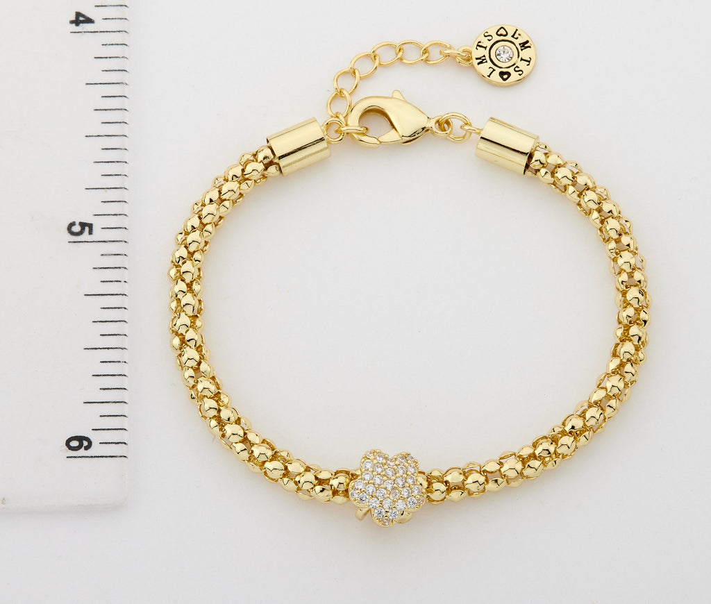 14K Gold Plated Mesh Rope Cz Slide Flower Bracelet