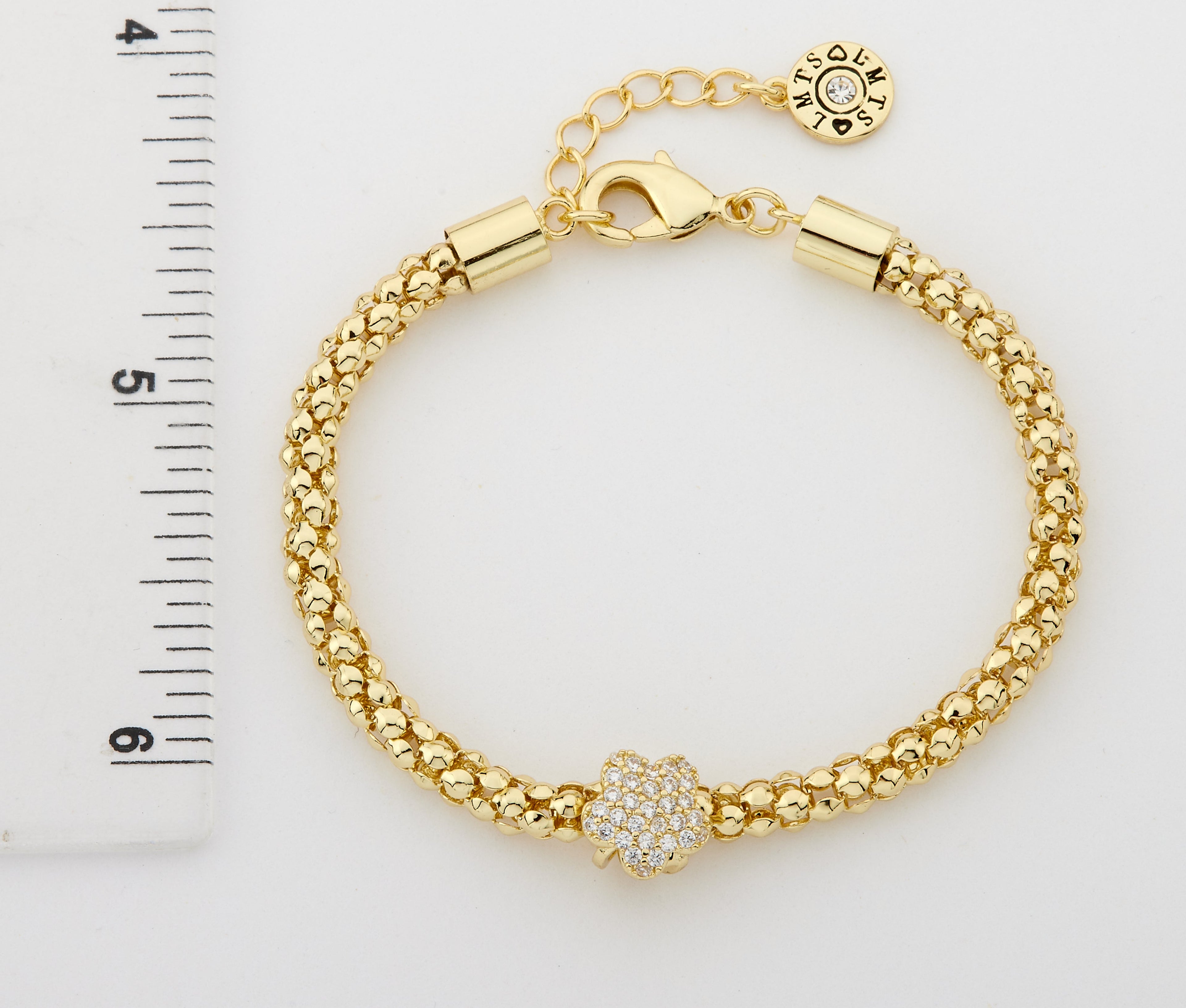14K Gold Plated Mesh Rope Cz Slide Flower Bracelet