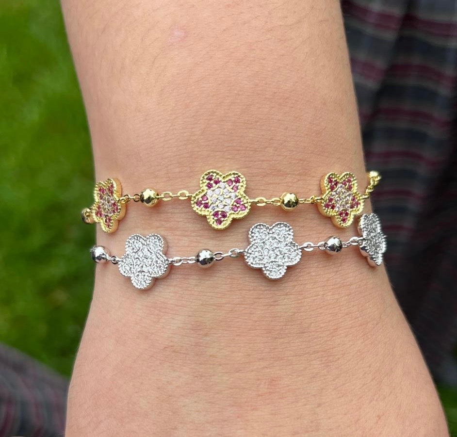 14K Gold Plated 3 Pave CZ Flowers On Bead Chain Bracelet
