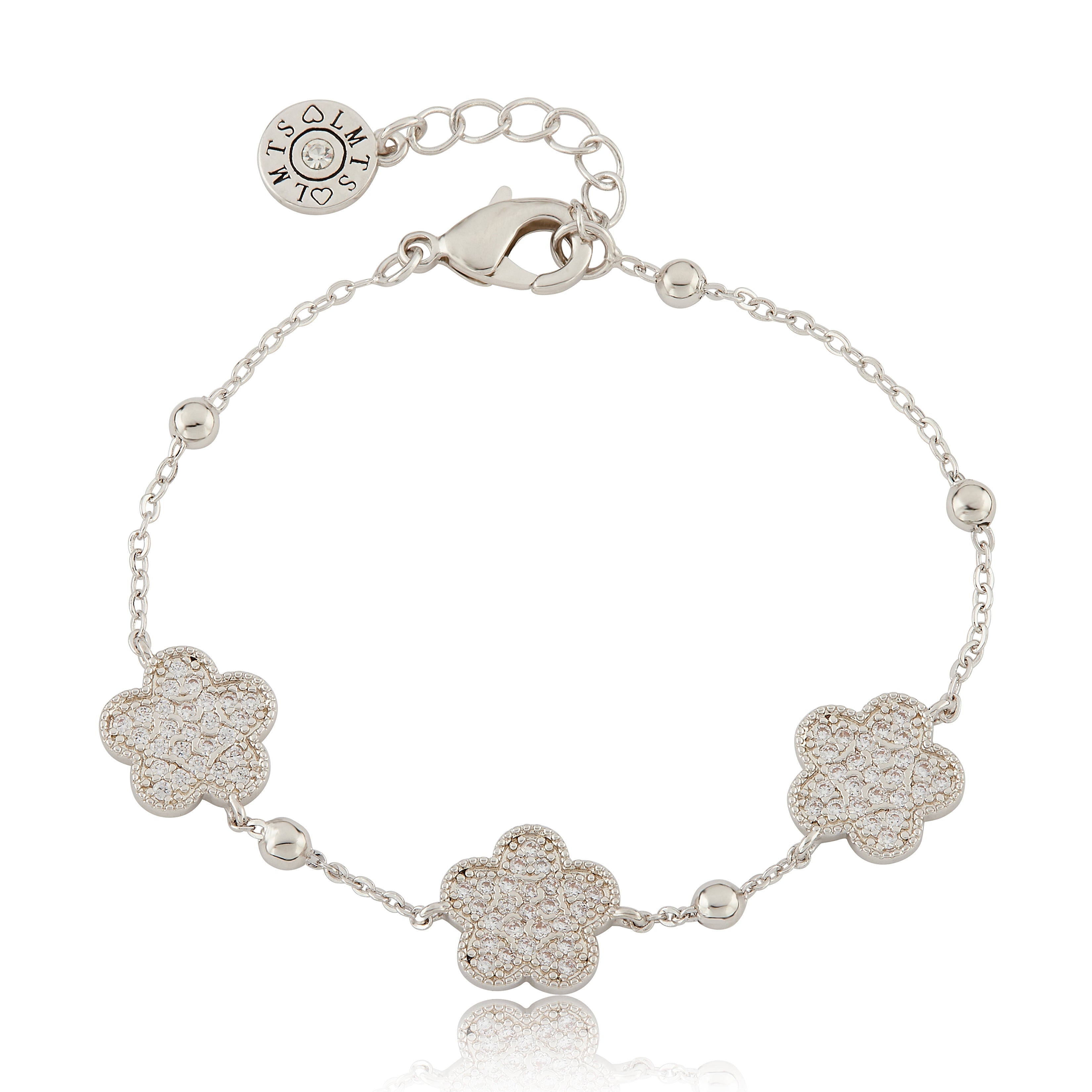 14K Gold Plated 3 Pave CZ Flowers On Bead Chain Bracelet