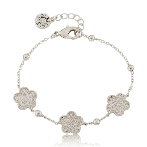 14K Gold Plated 3 Pave CZ Flowers On Bead Chain Bracelet