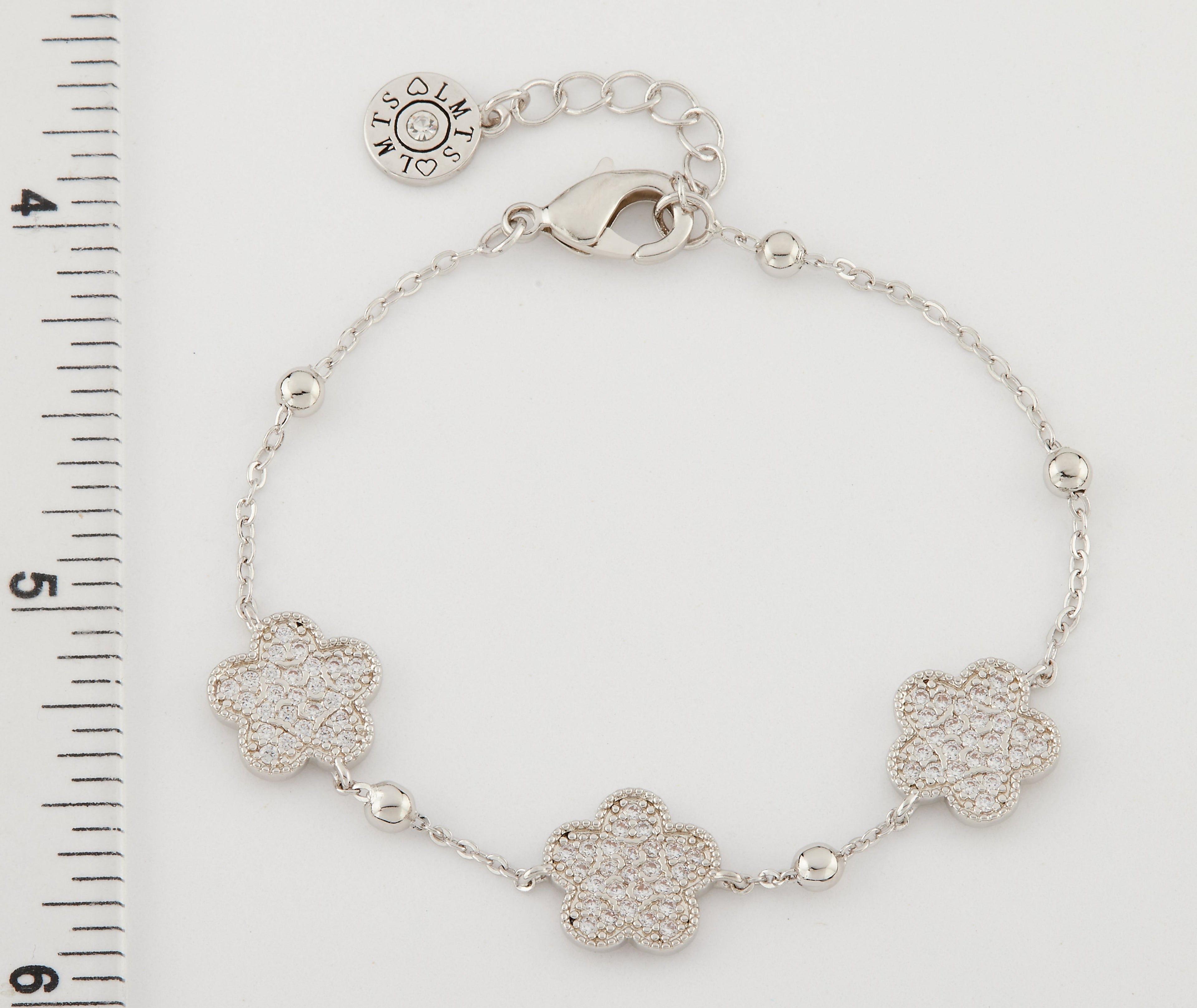 14K Gold Plated 3 Pave CZ Flowers On Bead Chain Bracelet
