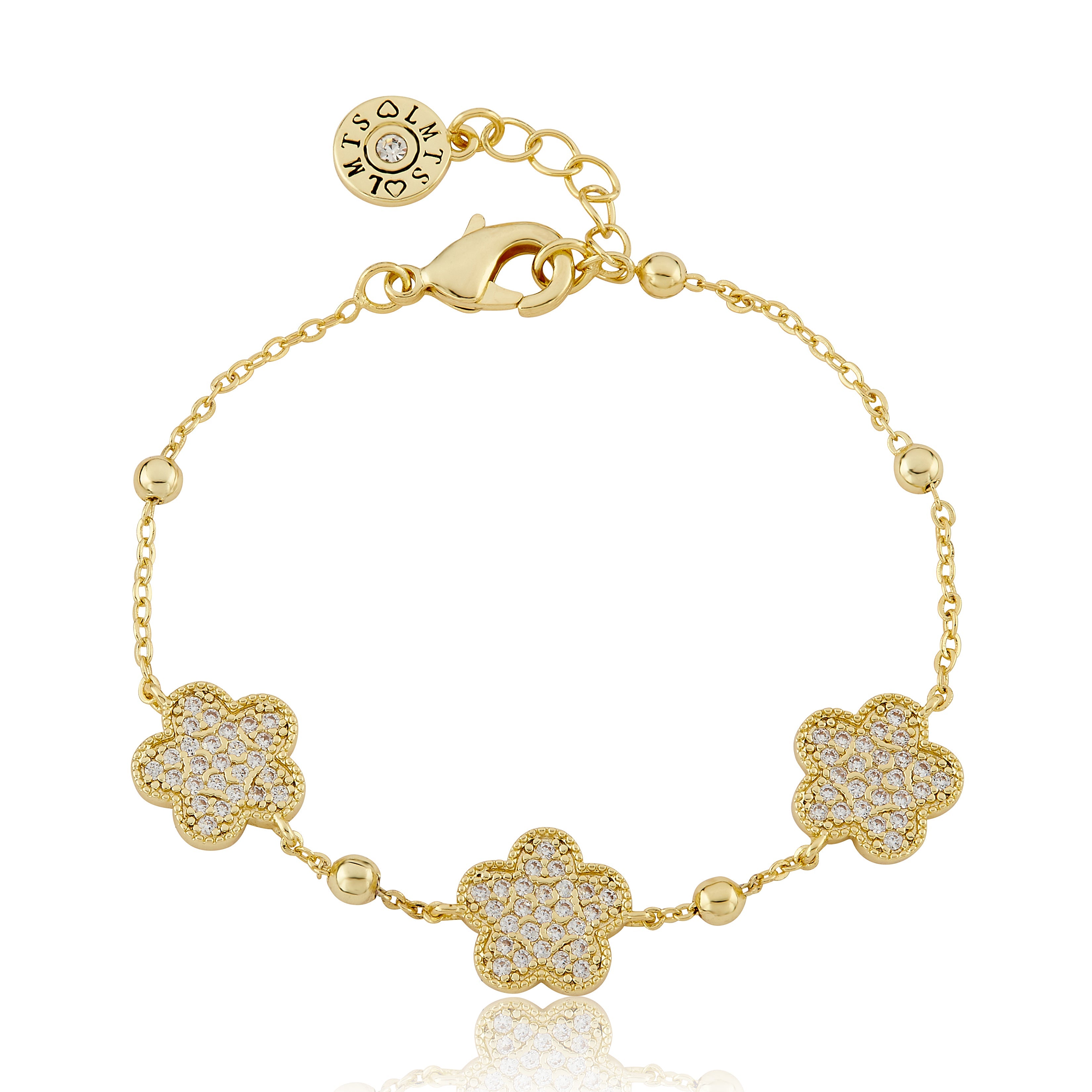 14K Gold Plated 3 Pave CZ Flowers On Bead Chain Bracelet