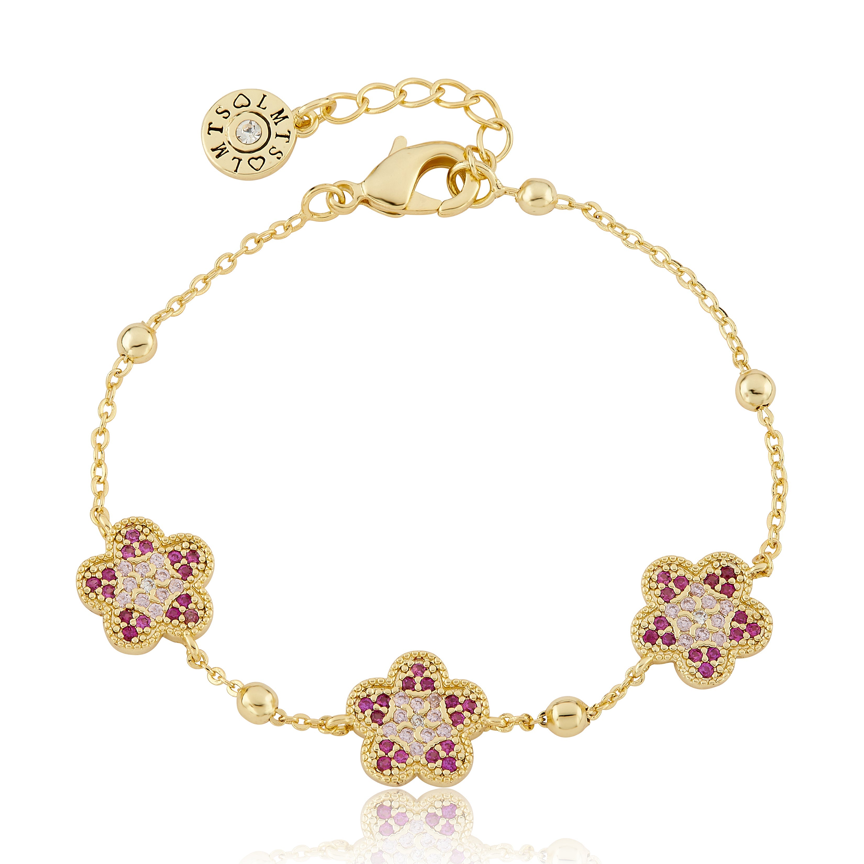 14K Gold Plated 3 Pave CZ Flowers On Bead Chain Bracelet
