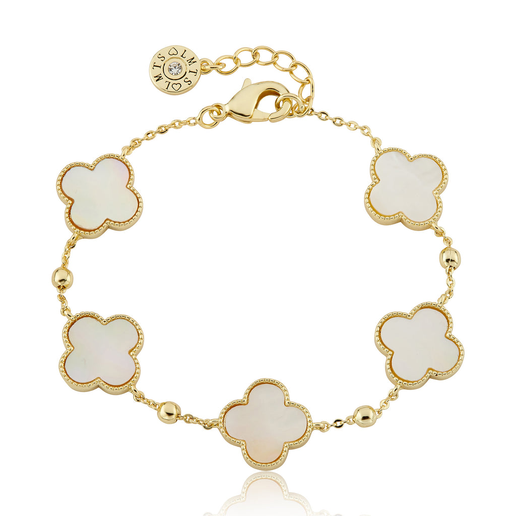 14K Gold Plated 5 Clover Station Bead Chain Bracelet
