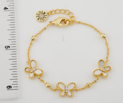 14K Gold Plated 3 Mother Of Pearl CZ Butterflies On Bead Chain Bracelet