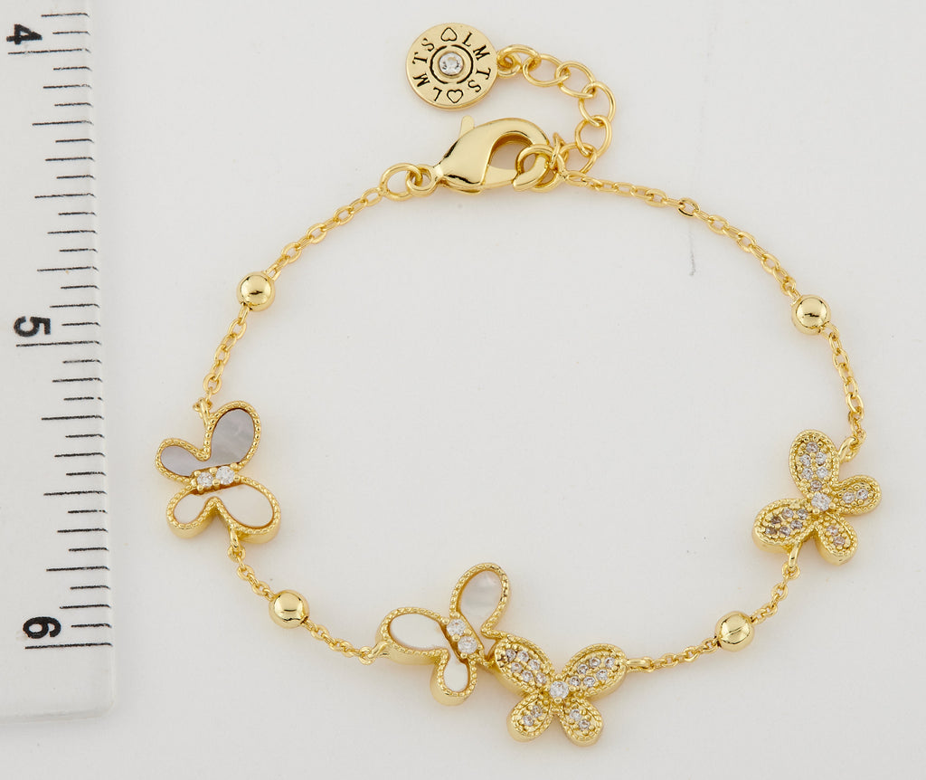 14K Gold Plated 4 Mother Of Pearl CZ Butterflies On Bead Chain Bracelet
