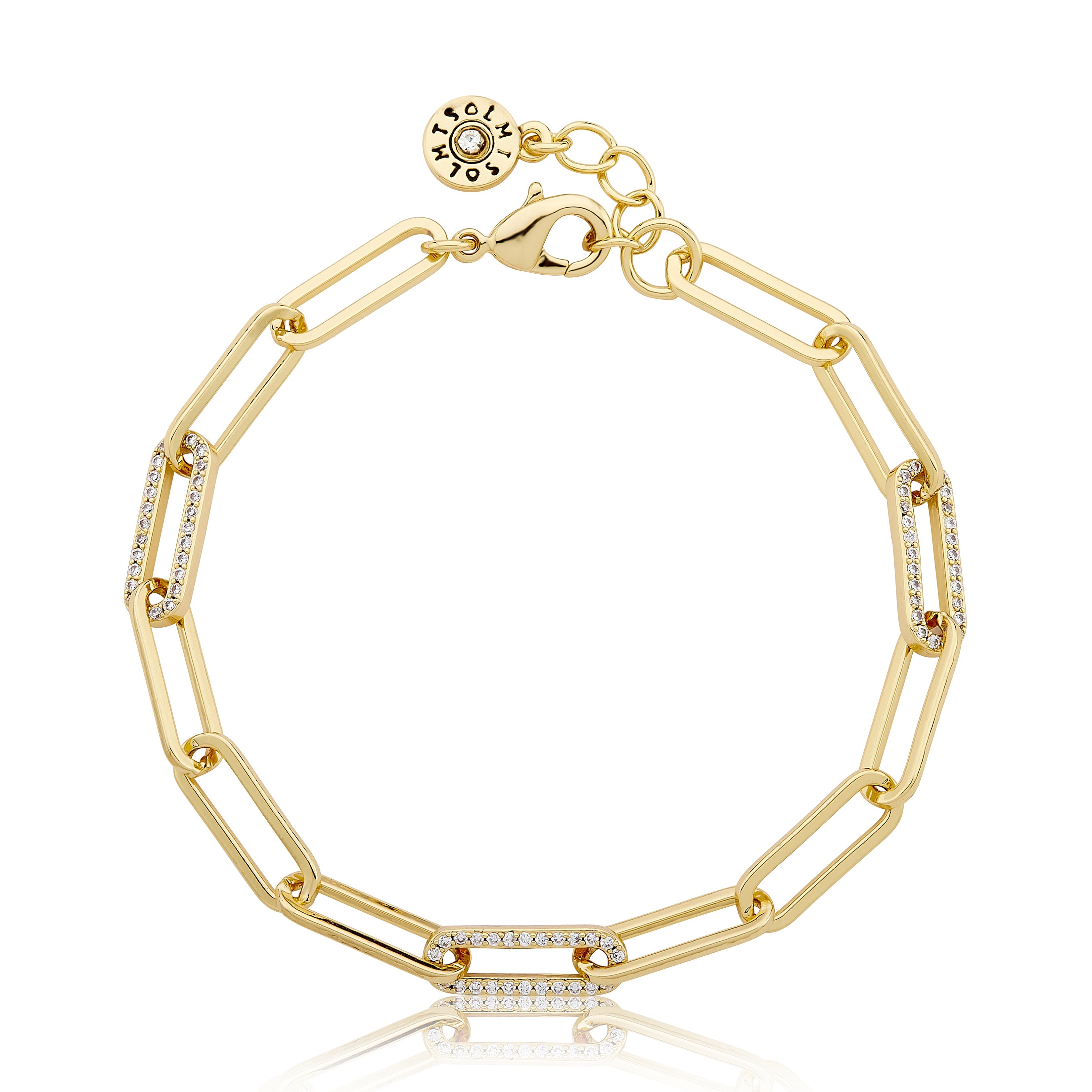 14K Gold Plated Links Chain Bracelet With 3 Pave Cz Links