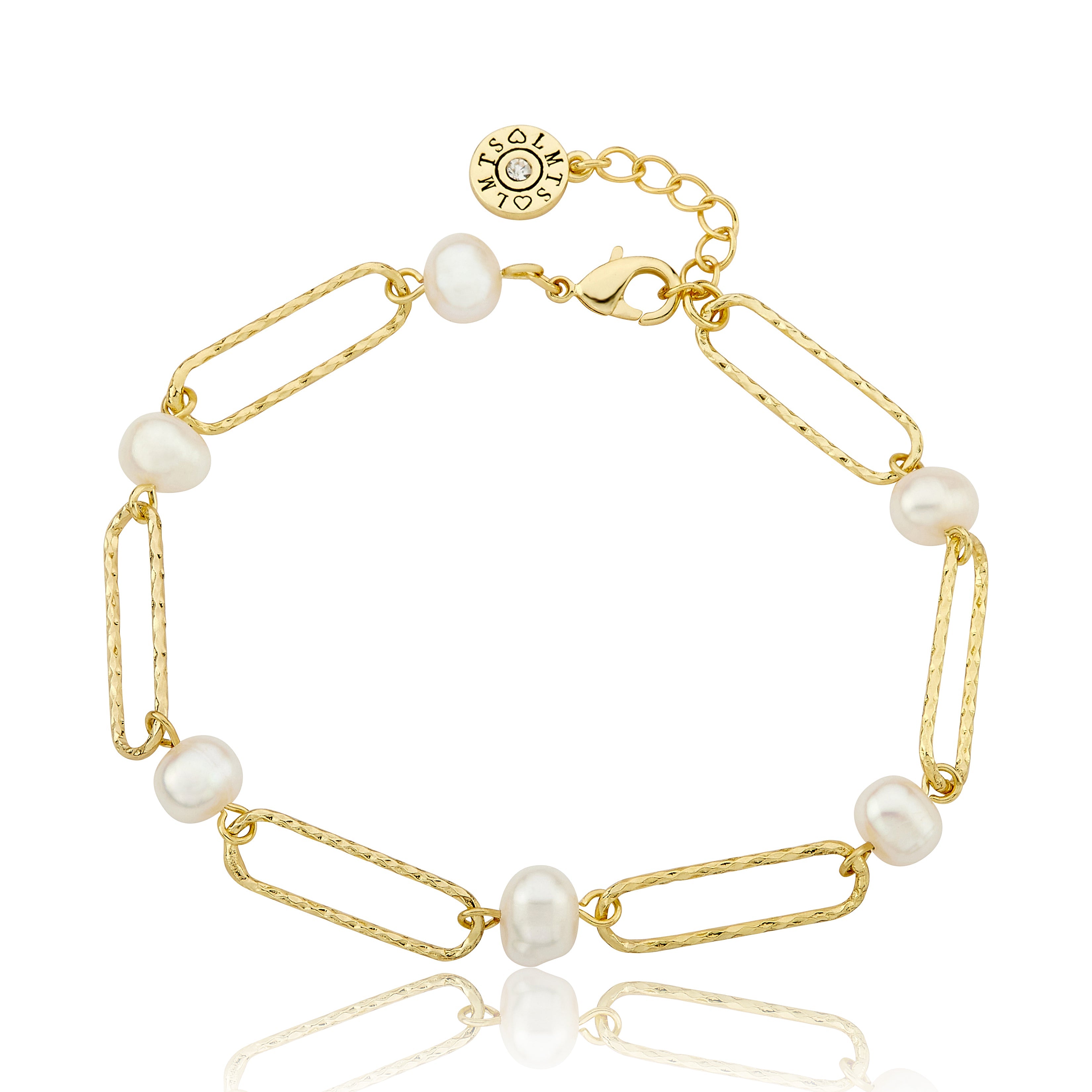 14K Gold Plated Links & Fresh Water Pearls Chain Bracelet