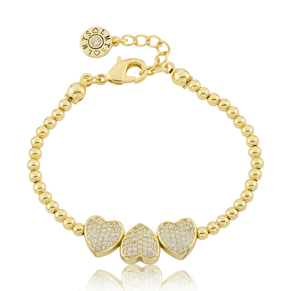 14K Gold Plated Bead & Cz Hearts Wire Bracelet