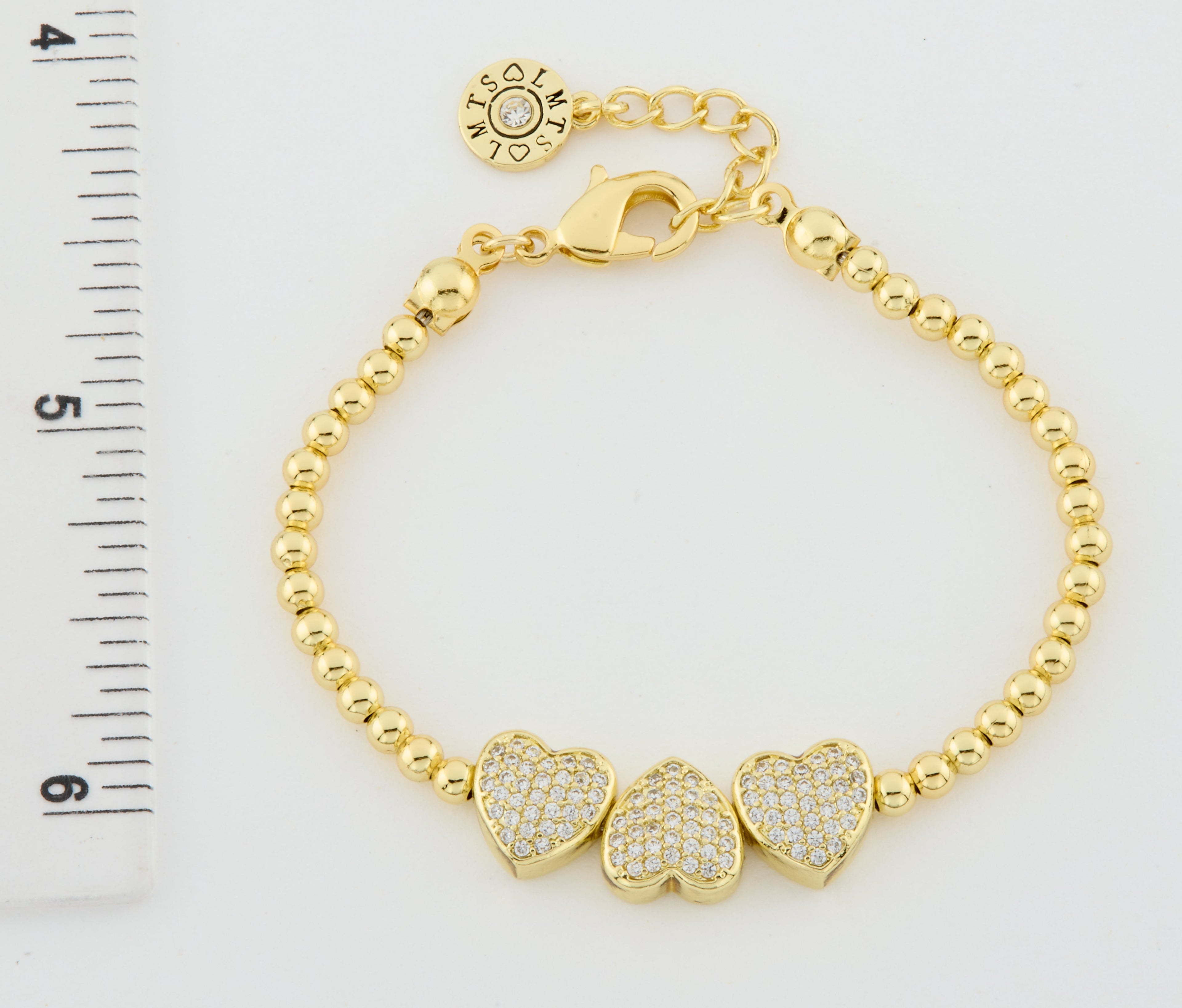 14K Gold Plated Bead & Cz Hearts Wire Bracelet
