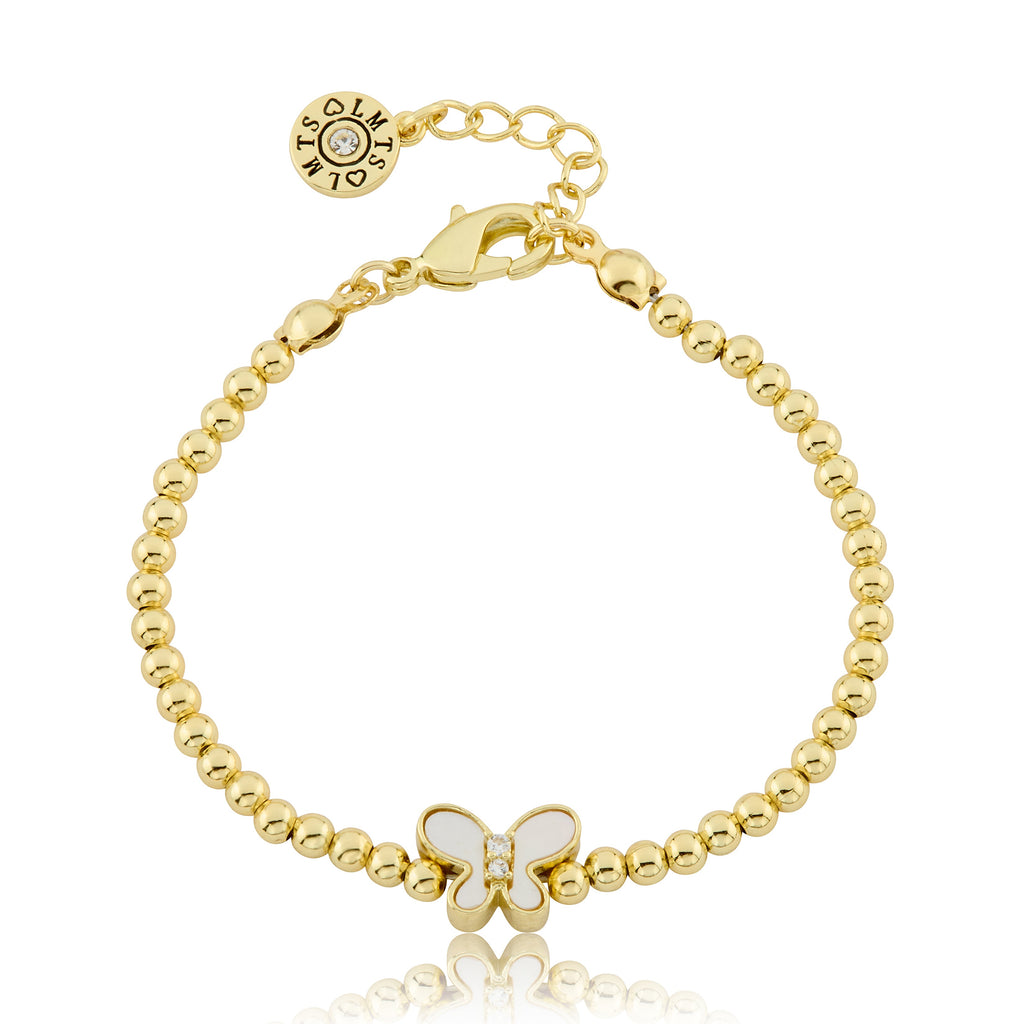LMTS Classic! 14K Gold Plated Bead & Mother Of Pearl Butterfly Wire Bracelet