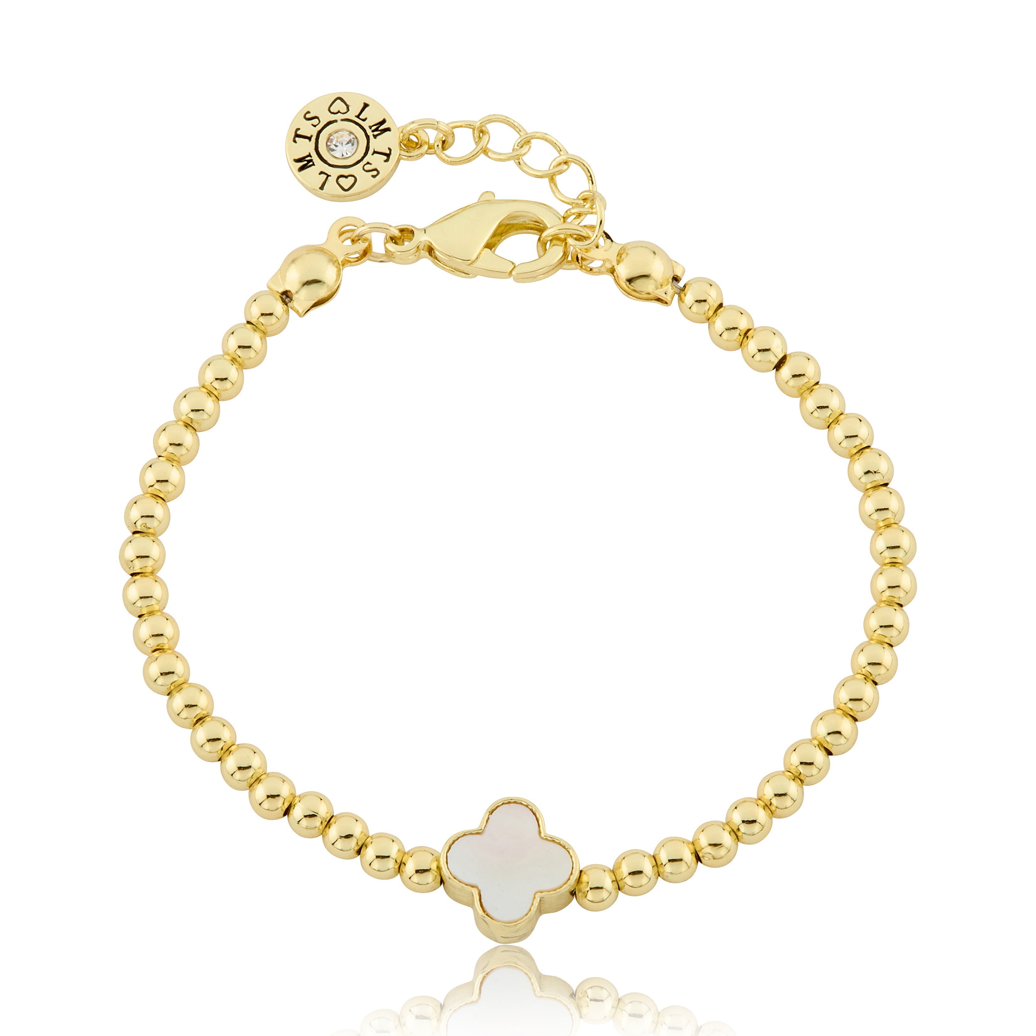 LMTS Classic! 14K Gold Plated Bead & Mother Of Pearl Clover Wire Bracelet