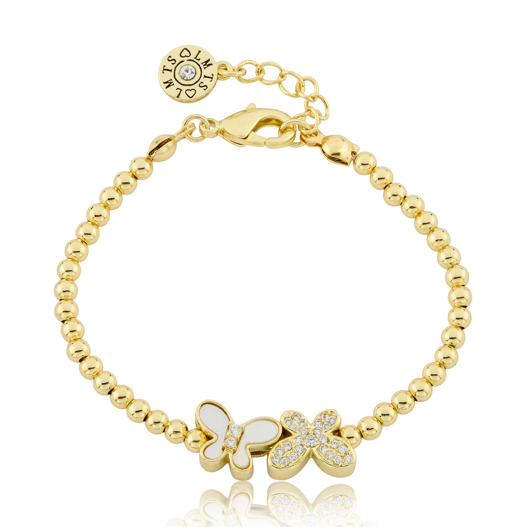 LMTS Classic! 14K Gold Plated Bead & Mother Of Pearl & Cz Butterfly Wire Bracelet