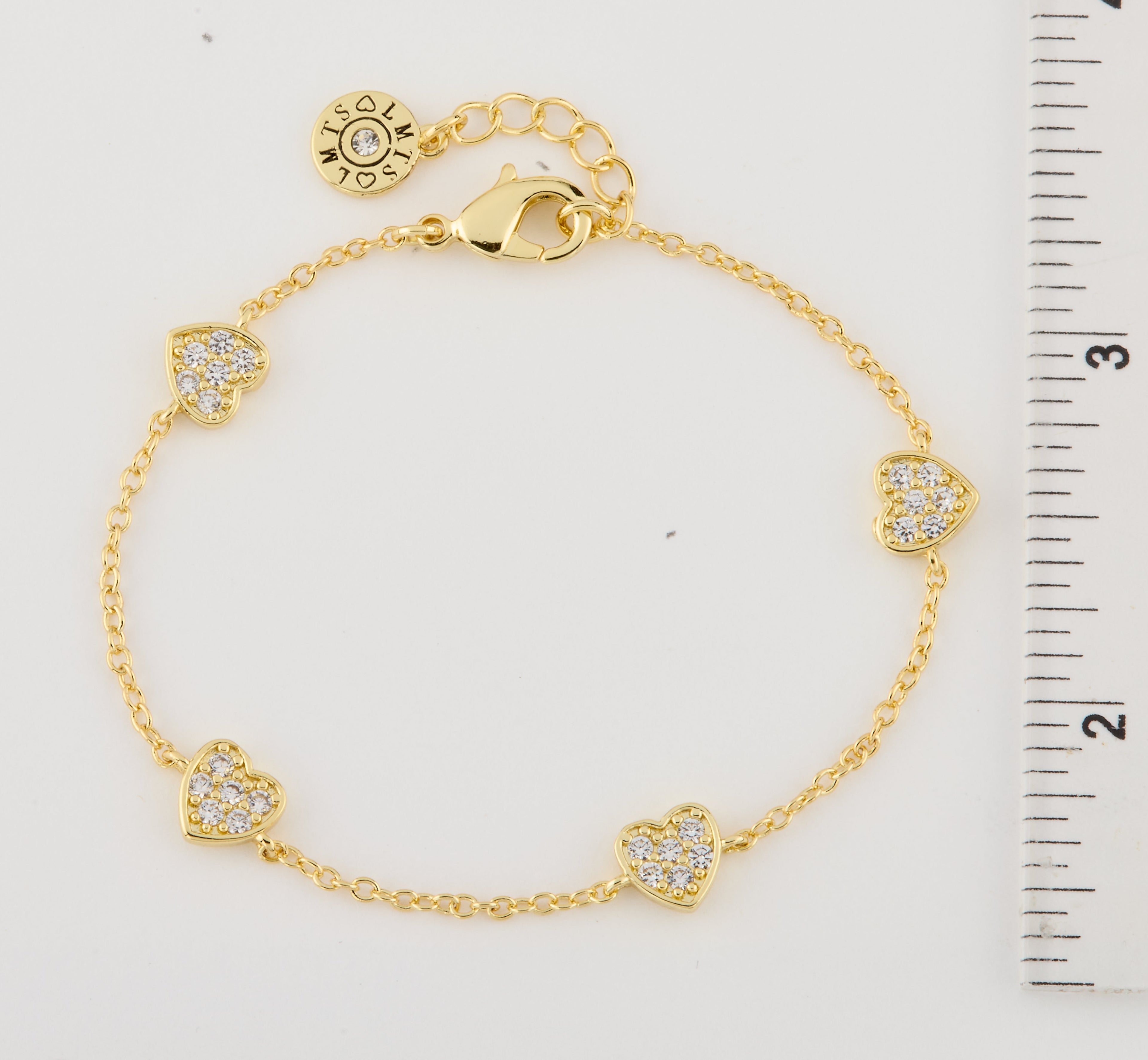 14K Gold Plated 4 Clear Cz Hearts Station Chain Bracelet
