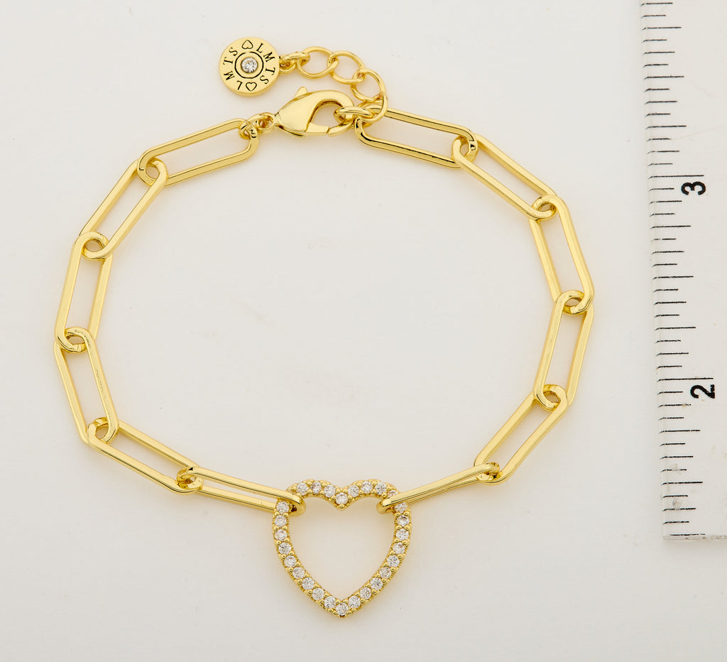 14K Gold Plated Links Chain Bracelet With Cz Open Heart Center