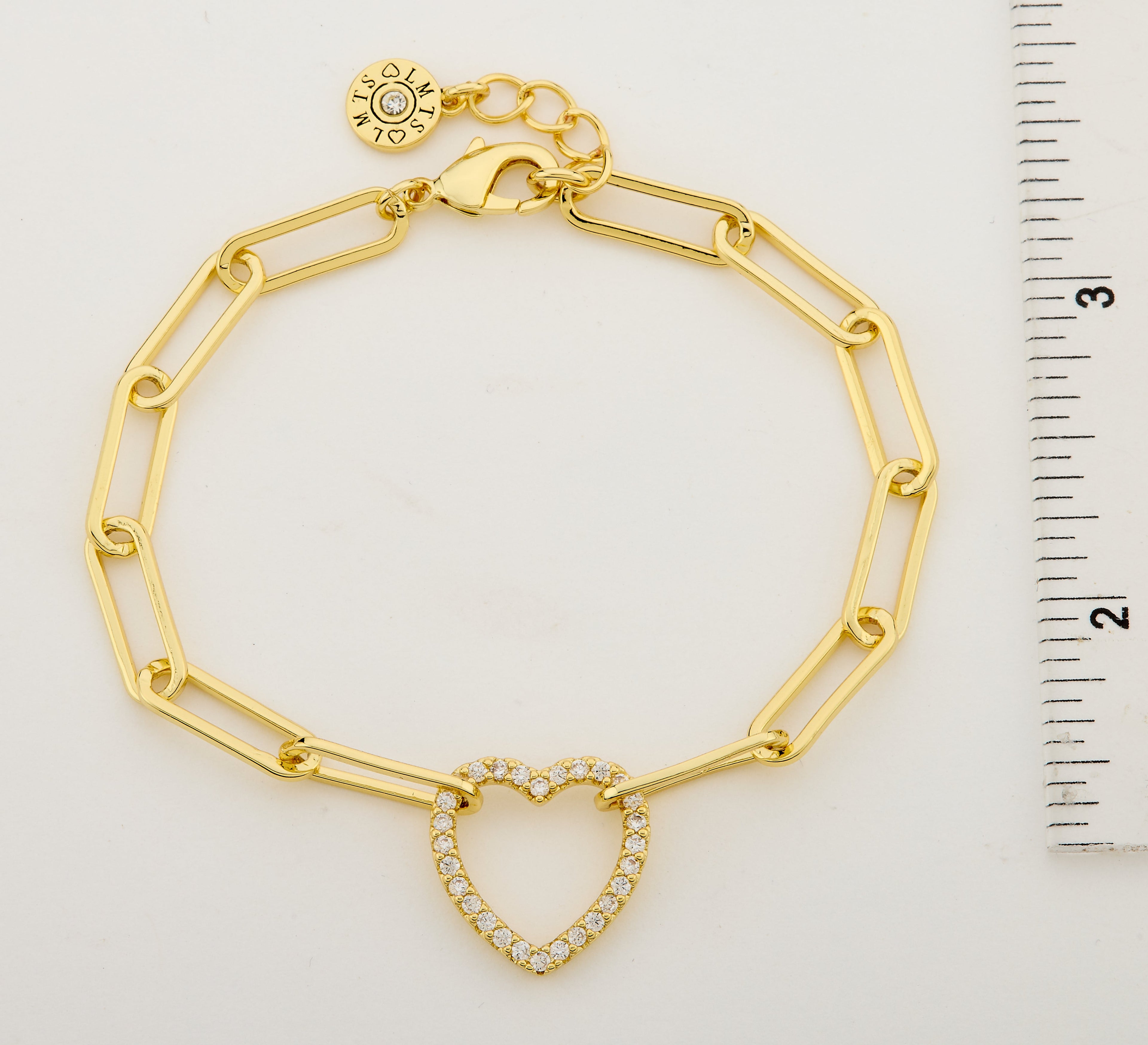 14K Gold Plated Links Chain Bracelet With Cz Open Heart Center