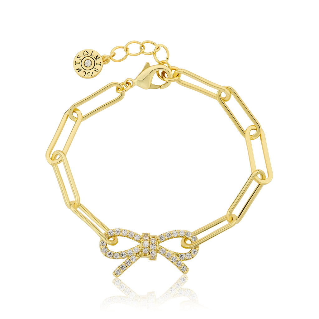 14K Gold Plated Links Chain Bracelet With Cz Open Bow Center