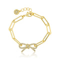 14K Gold Plated Links Chain Bracelet With Cz Open Bow Center