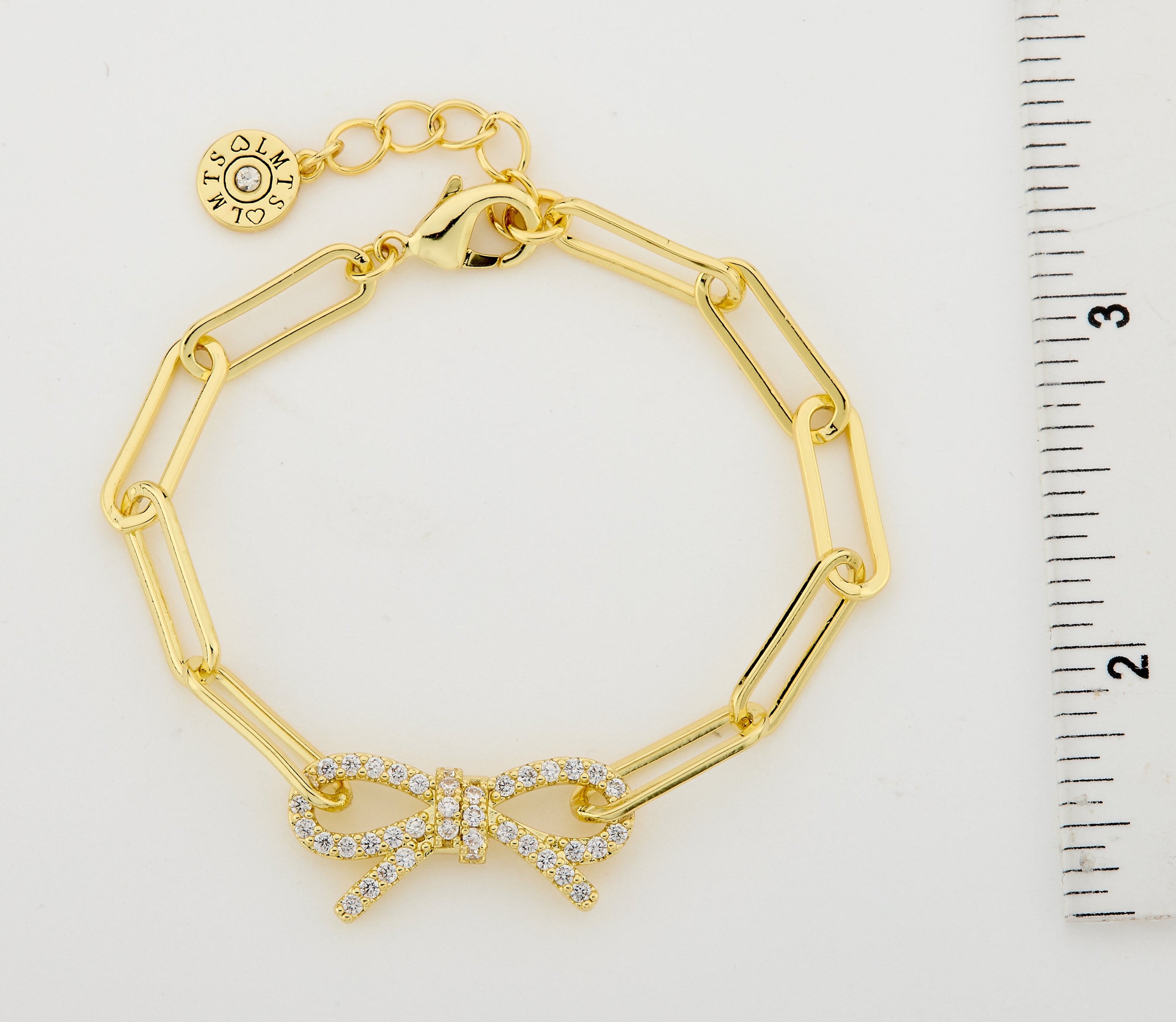 14K Gold Plated Links Chain Bracelet With Cz Open Bow Center