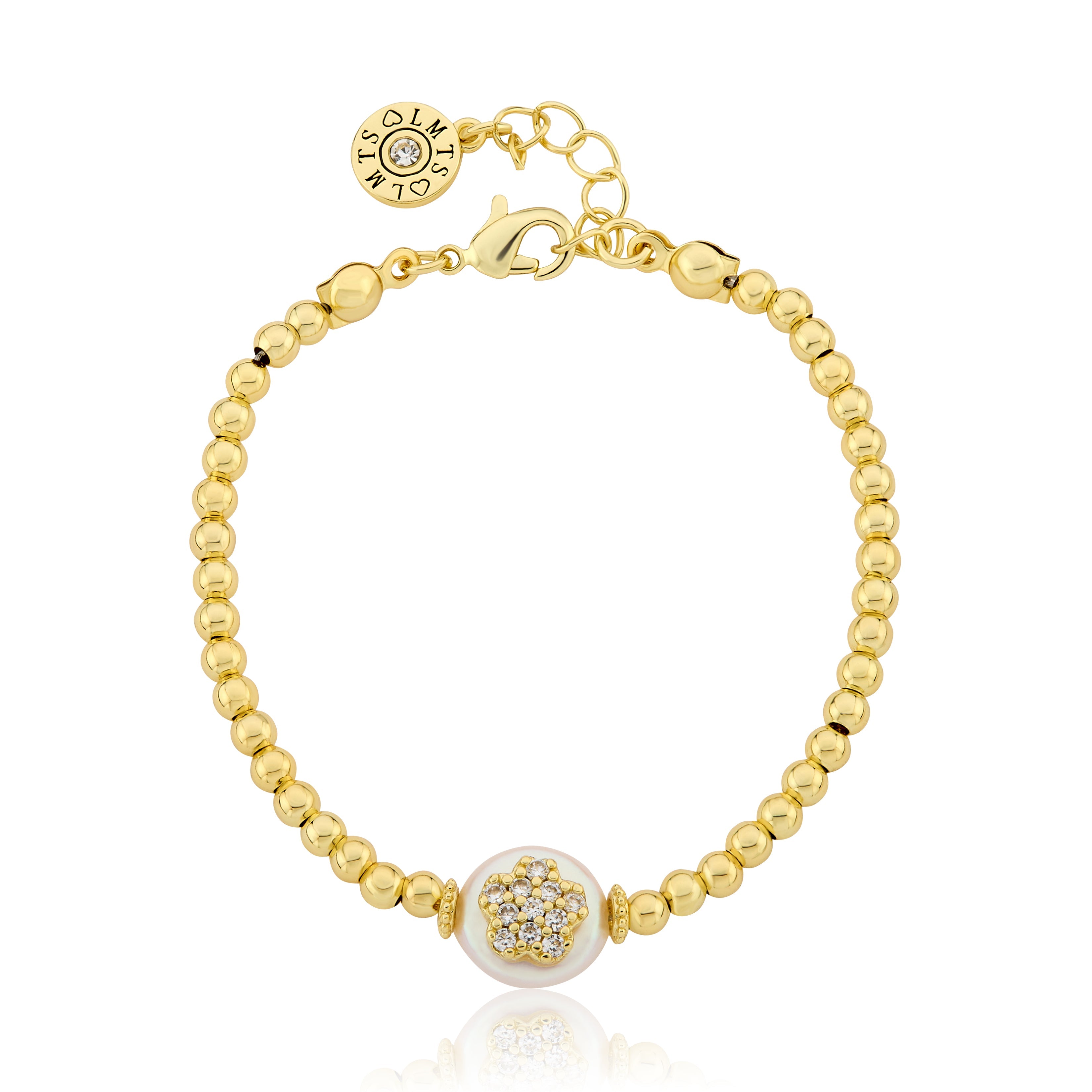 14K Gold Plated 3mm Bead & Cz Flower Over Flat Pearl Wire Bracelet