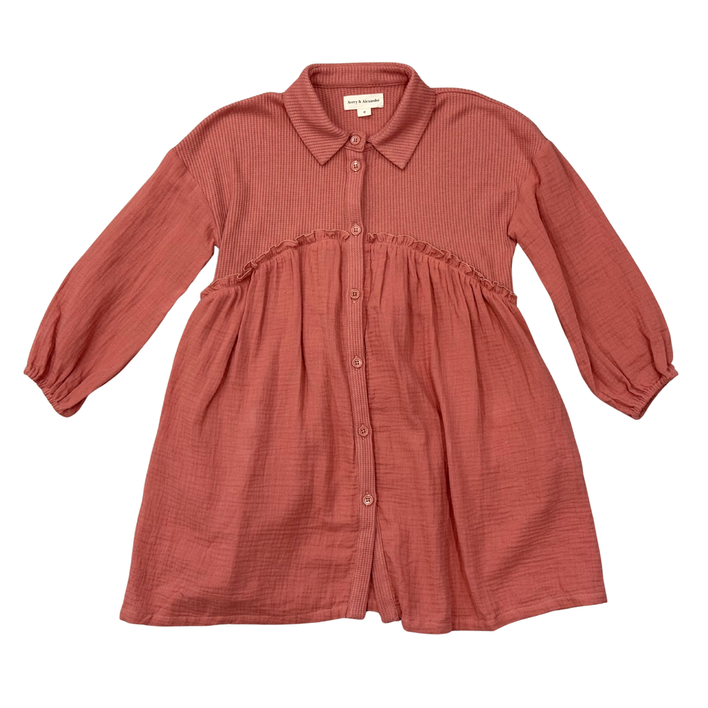 Girls Button Front Gauze Dress in Brick Dust