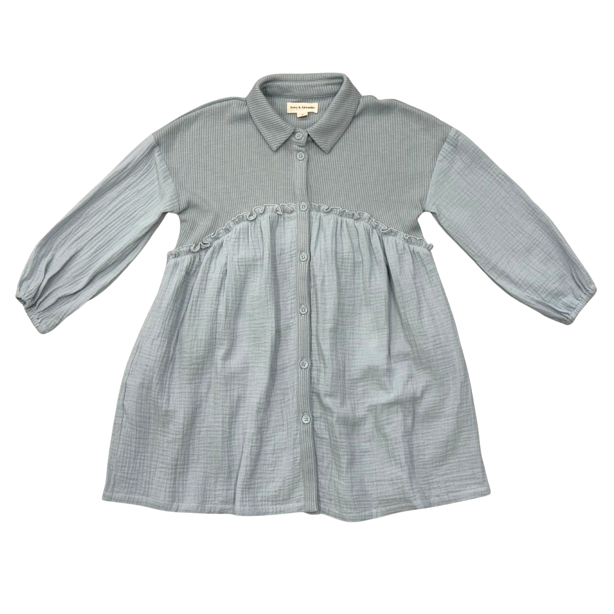 Girls Button Front Gauze Dress in Grayish Blue