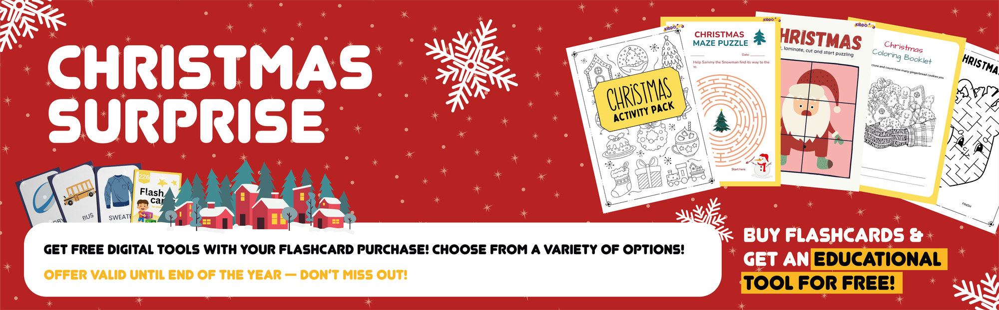 Festive digital activity pack for kids featuring mazes, coloring, math puzzles, and more. Fun and educational worksheets perfect for Christmas! Christmas Surprise sale by buying flashcards - get another educational tool absoluetely for FREE!