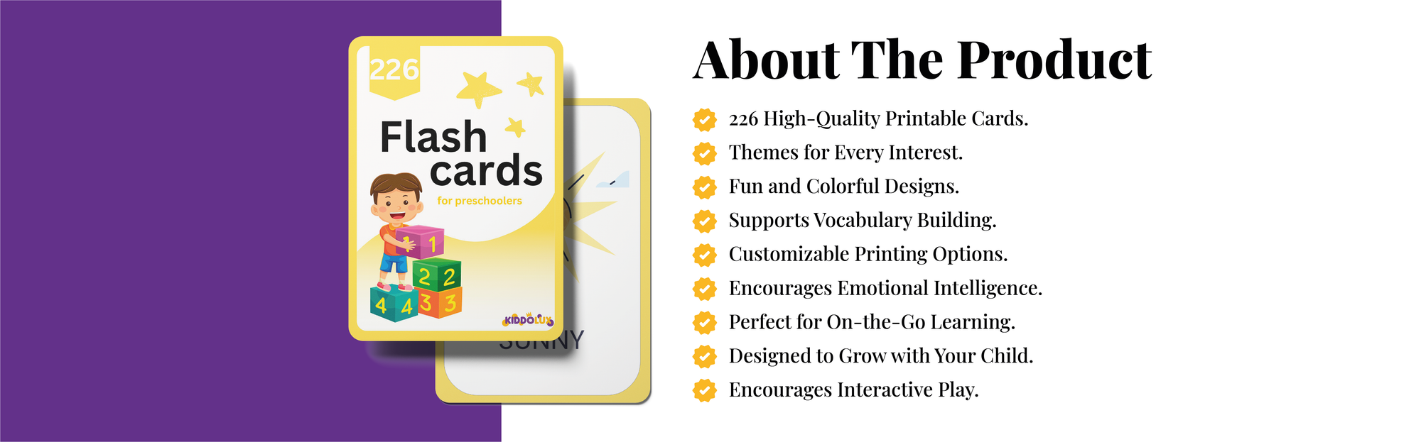 Banner showing key features of preschool flashcards: vibrant themes, educational activities, and support for early learning milestones.