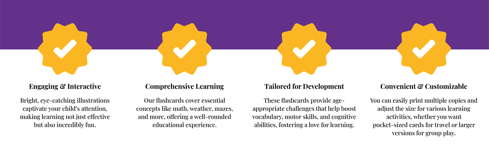 Banner with four sections highlighting flashcards: Engaging & Interactive, Comprehensive Learning, Tailored for Development, and Convenient & Customizable.