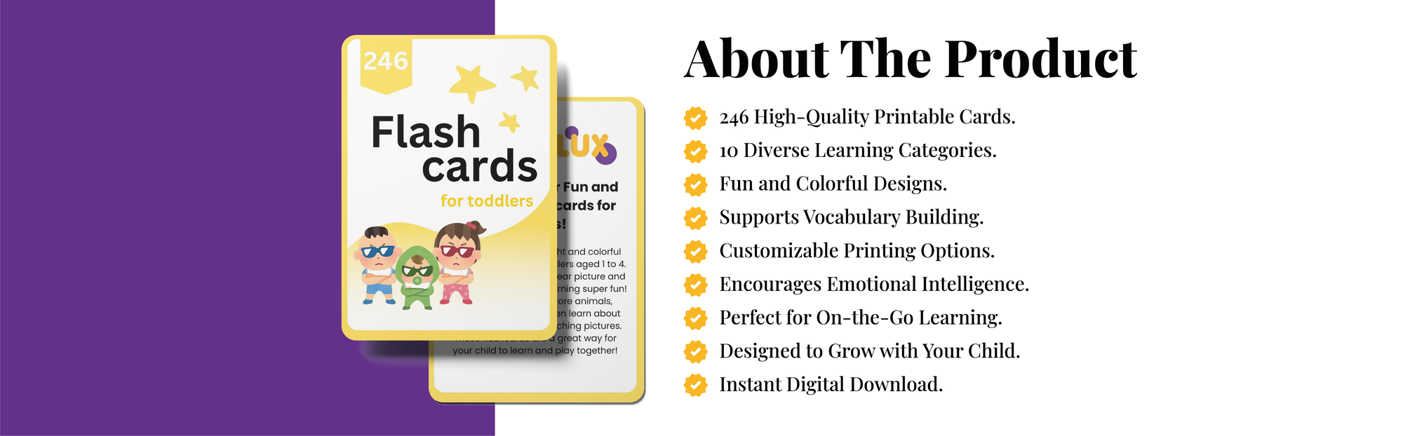 Banner describing key features of toddler flashcards: learning colors, numbers, shapes, and emotions to enhance early childhood development.