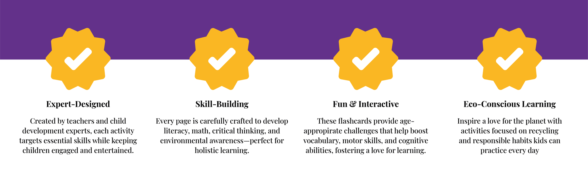 Banner highlighting four quality features of kids’ worksheets: fun learning, printable, age-appropriate design, and educational variety in math, mazes, and puzzles.