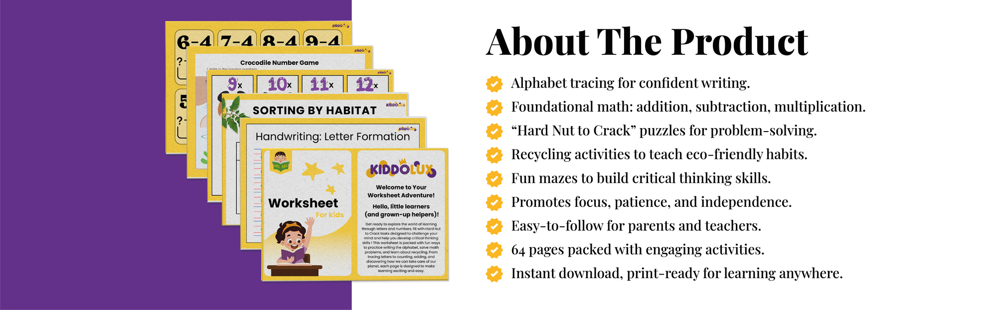 Banner describing key features of children’s worksheets, including math practice, alphabet learning, problem-solving puzzles, and interactive mazes for early development.