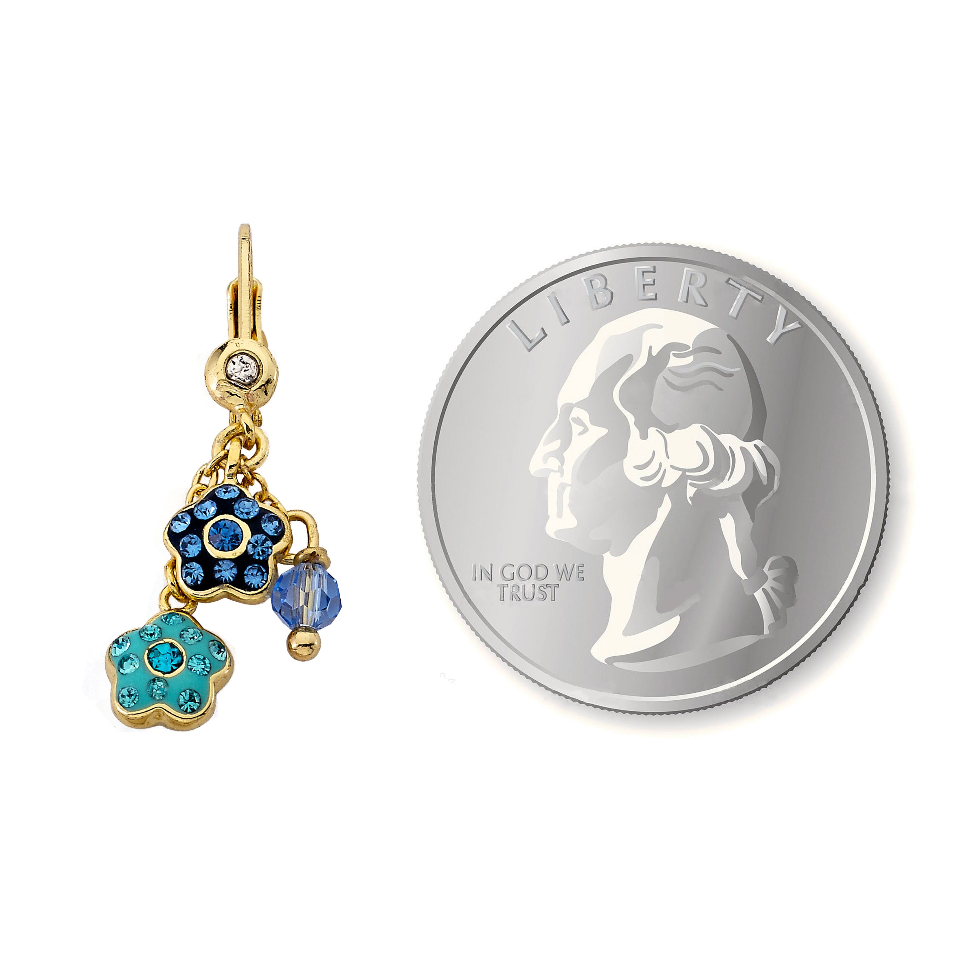 14K Gold Plated FLOWERY GLITZ Crystal 2 Flowers Dangle Earrings