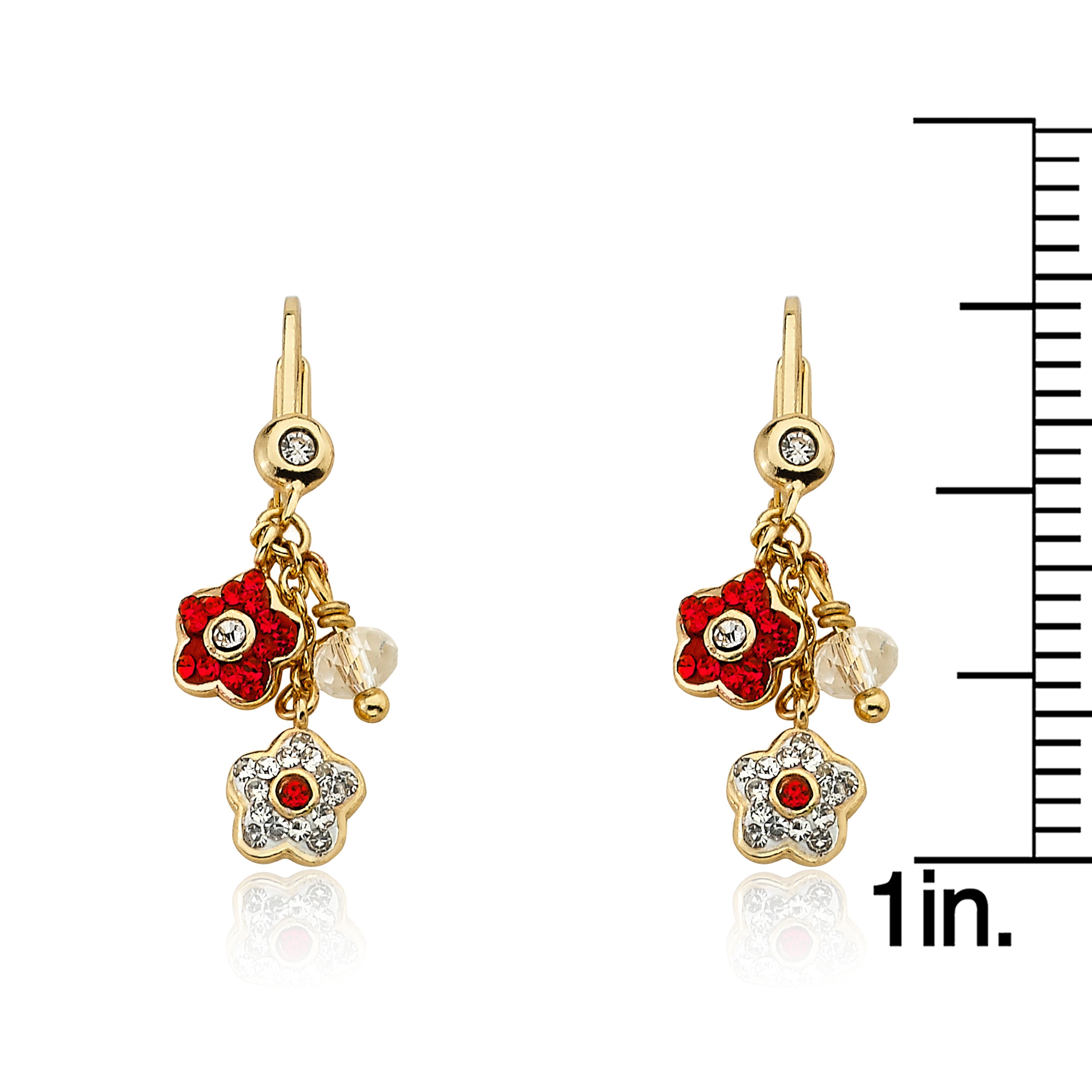 14K Gold Plated FLOWERY GLITZ Crystal 2 Flowers Dangle Earrings