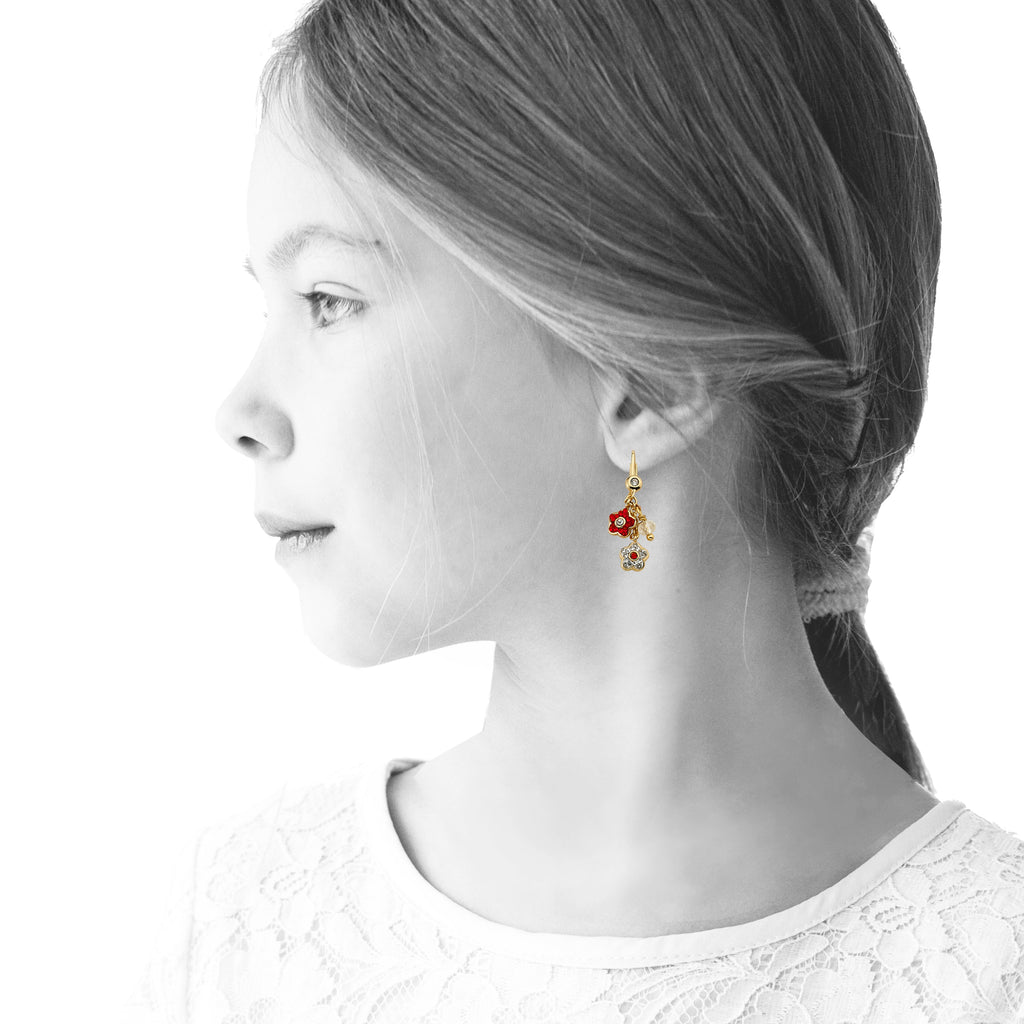 14K Gold Plated FLOWERY GLITZ Crystal 2 Flowers Dangle Earrings
