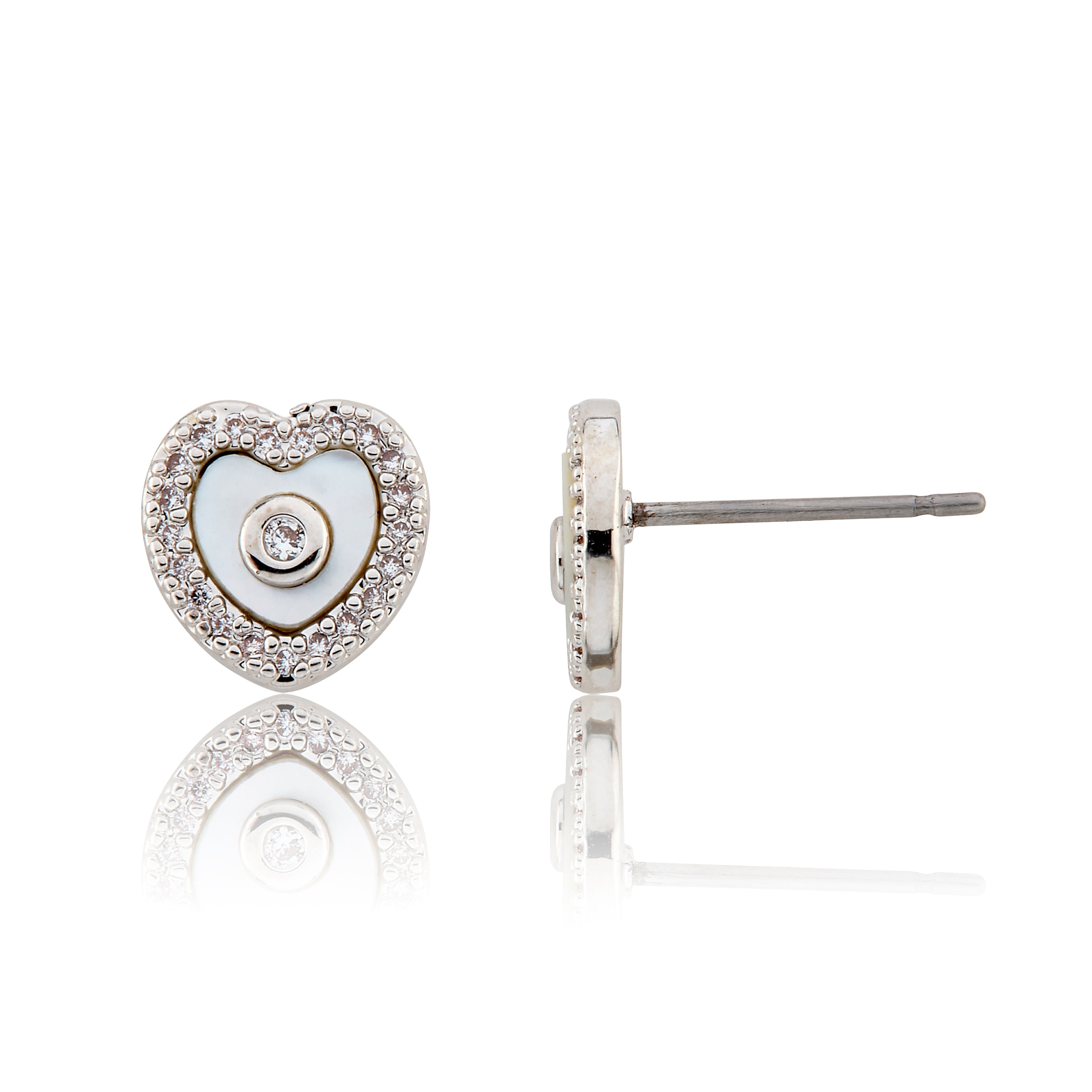 LMTS Classic! Mother Of Pearl Heart Cz Frame Stud Earring