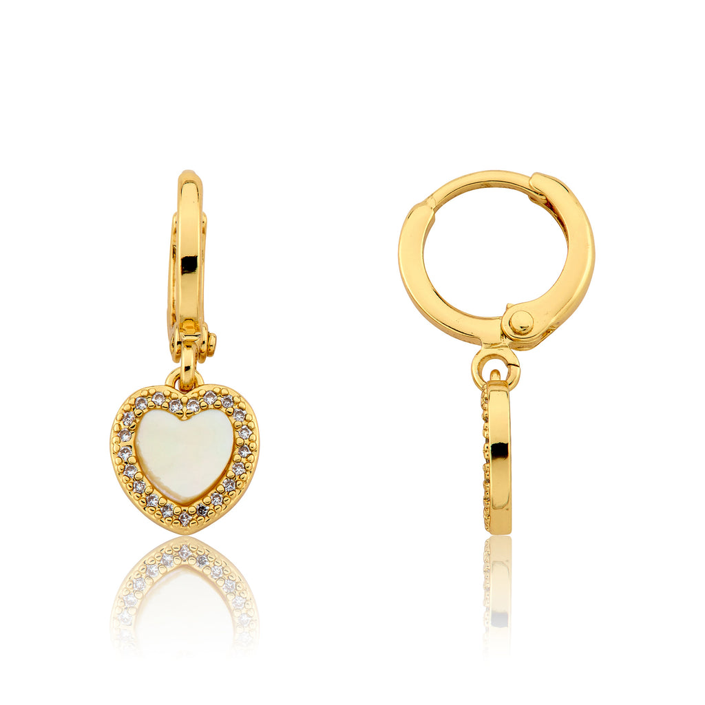 Mother Of Pearl Heart With Cz Frame Huggie Dangle Earring