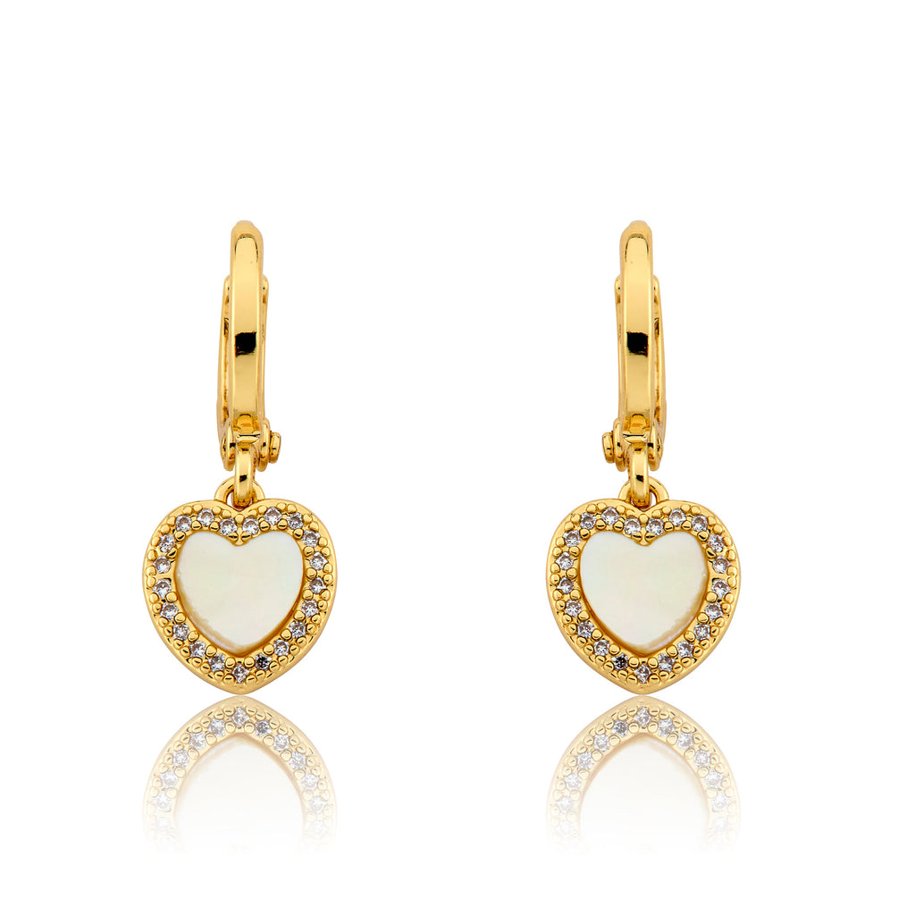 Mother Of Pearl Heart With Cz Frame Huggie Dangle Earring